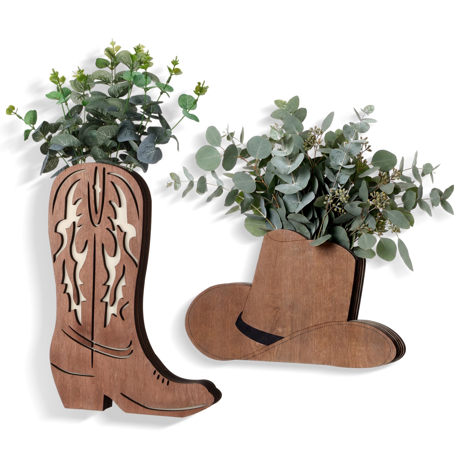 Havawish 2 Pcs Country Room Decor Western Cowboy Wood Boots, Cowboy Hat