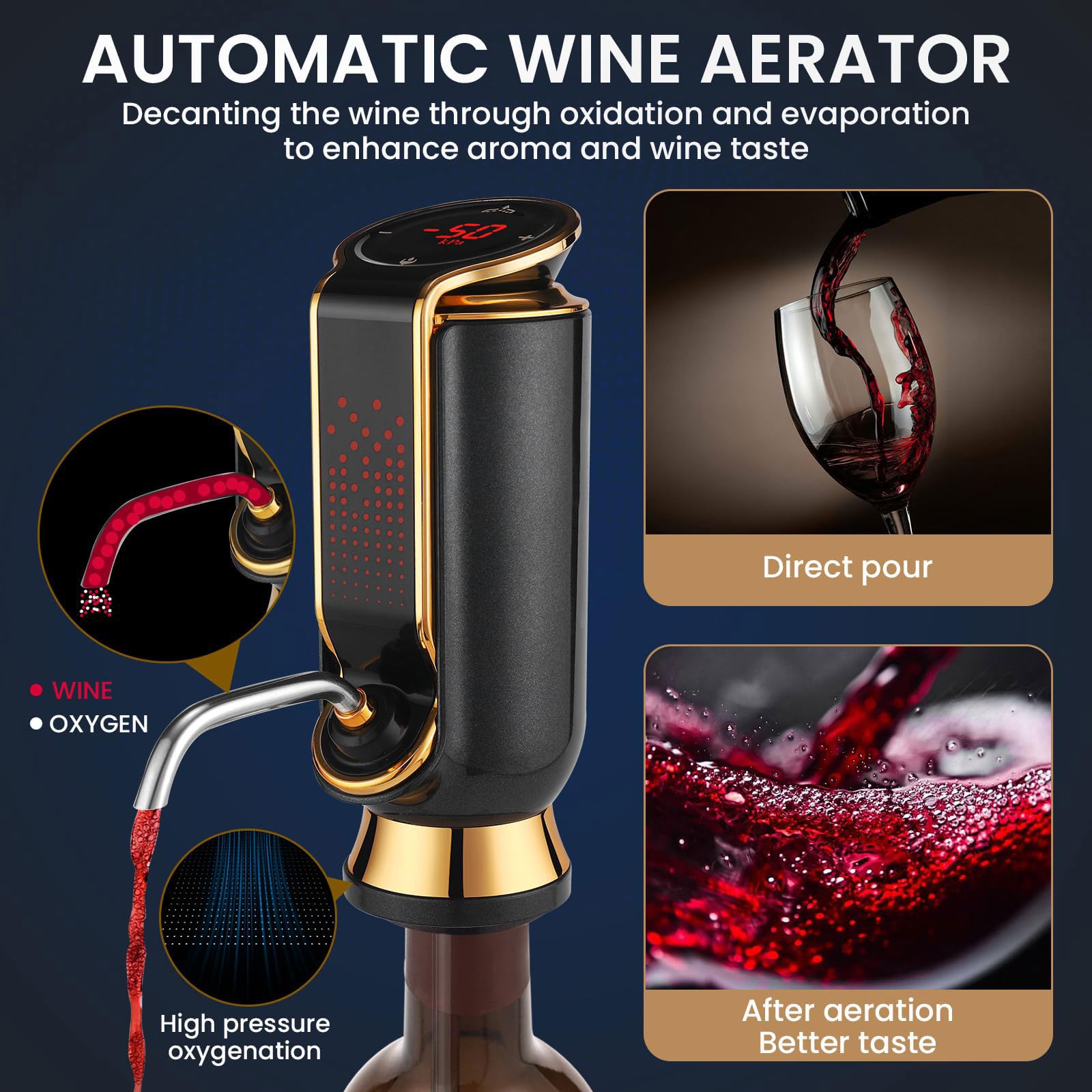 Carafe à vin électrique et distributeur de liqueur intelligent, rechargeable automatique avec aération instantanée et affichage LED, dosage réglable pour les amateurs de vin et de whisky