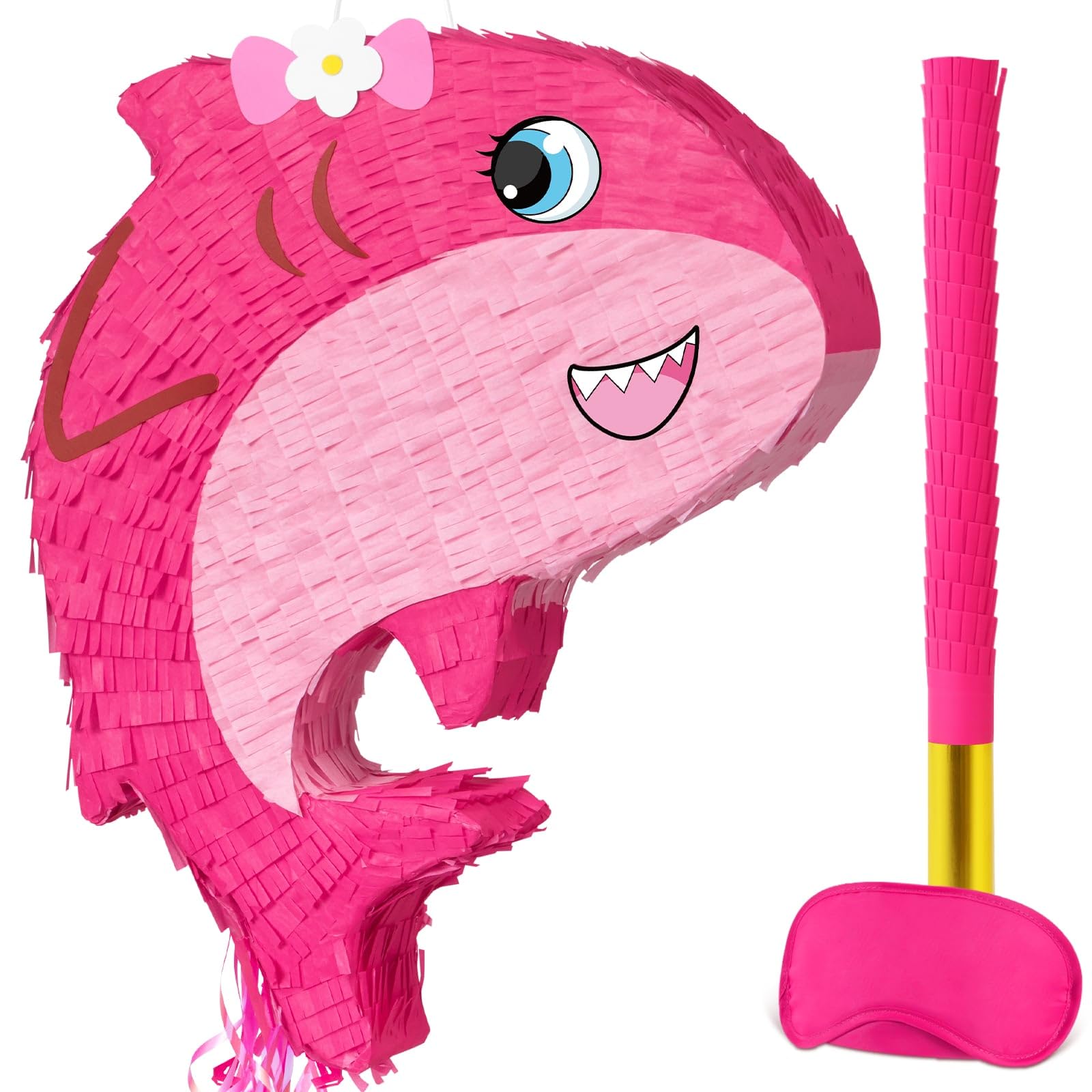 WERNNSAI Pink Shark Pinata - Bow Shark Party Pinata with Blindfold and Bat Ocean Birthday Decor Party Favors Under The Sea Decoration Summer Home Family Fun Supplies