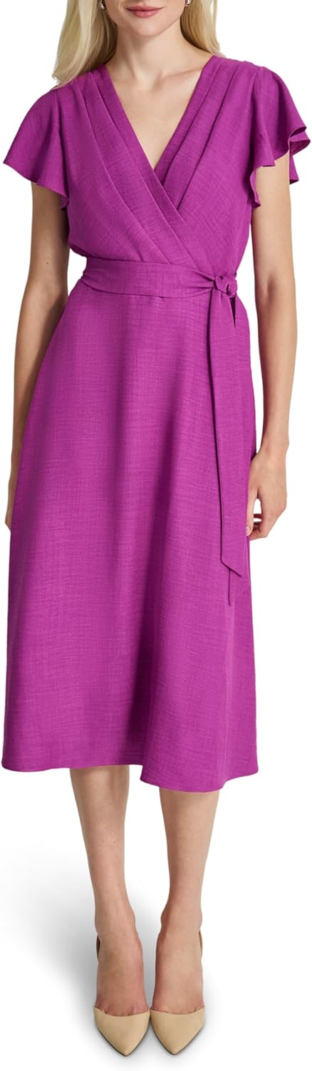 DKNY Womens Flutter Sleeve Tie Fit & Flare Midi Dress - Image 2