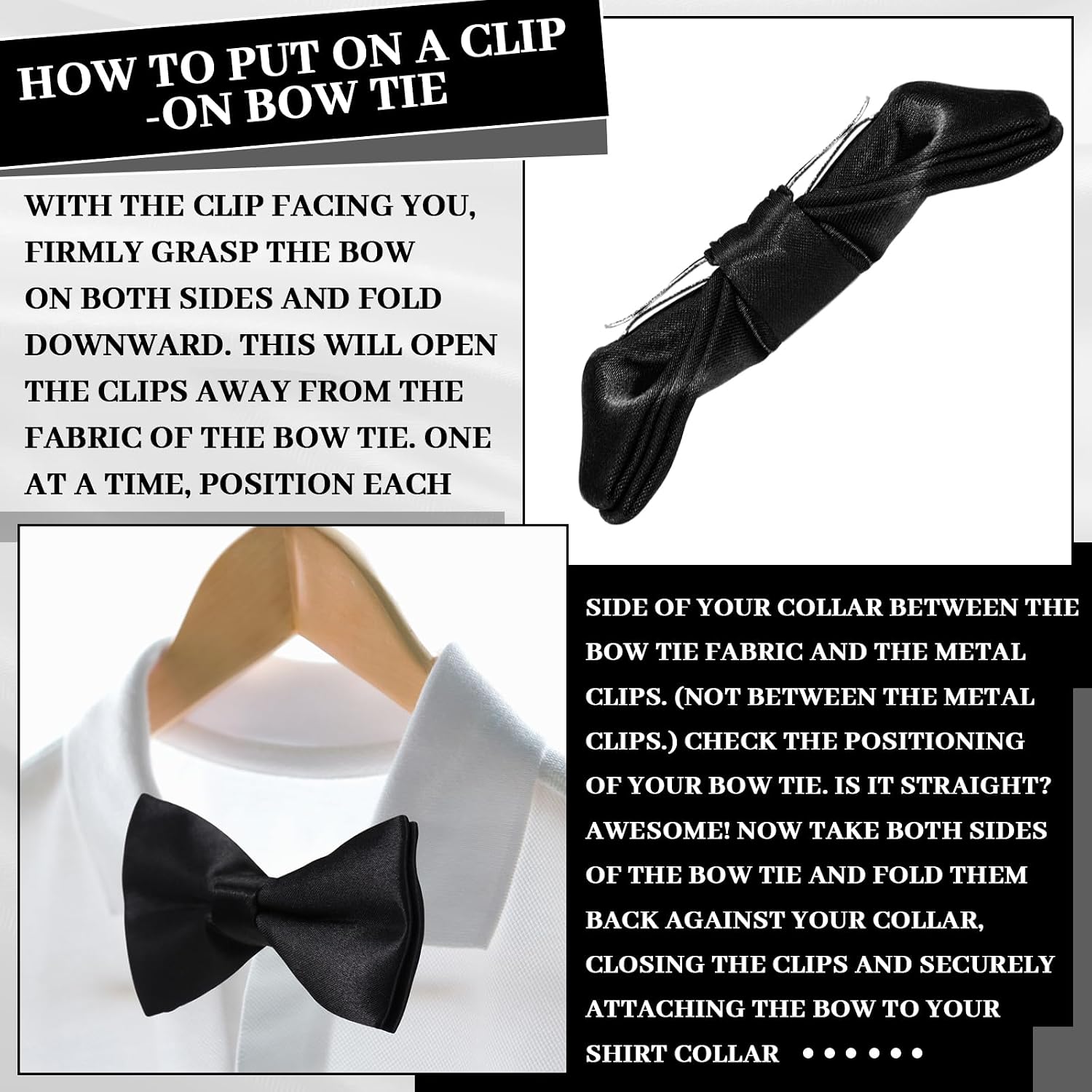Cutecrop 12 Pieces Clip on Bow Ties for Men Pre Tied Black Solid Clip on Formal Satin Tuxedo Bow Ties in Bulk for Men Costume Wedding Party
