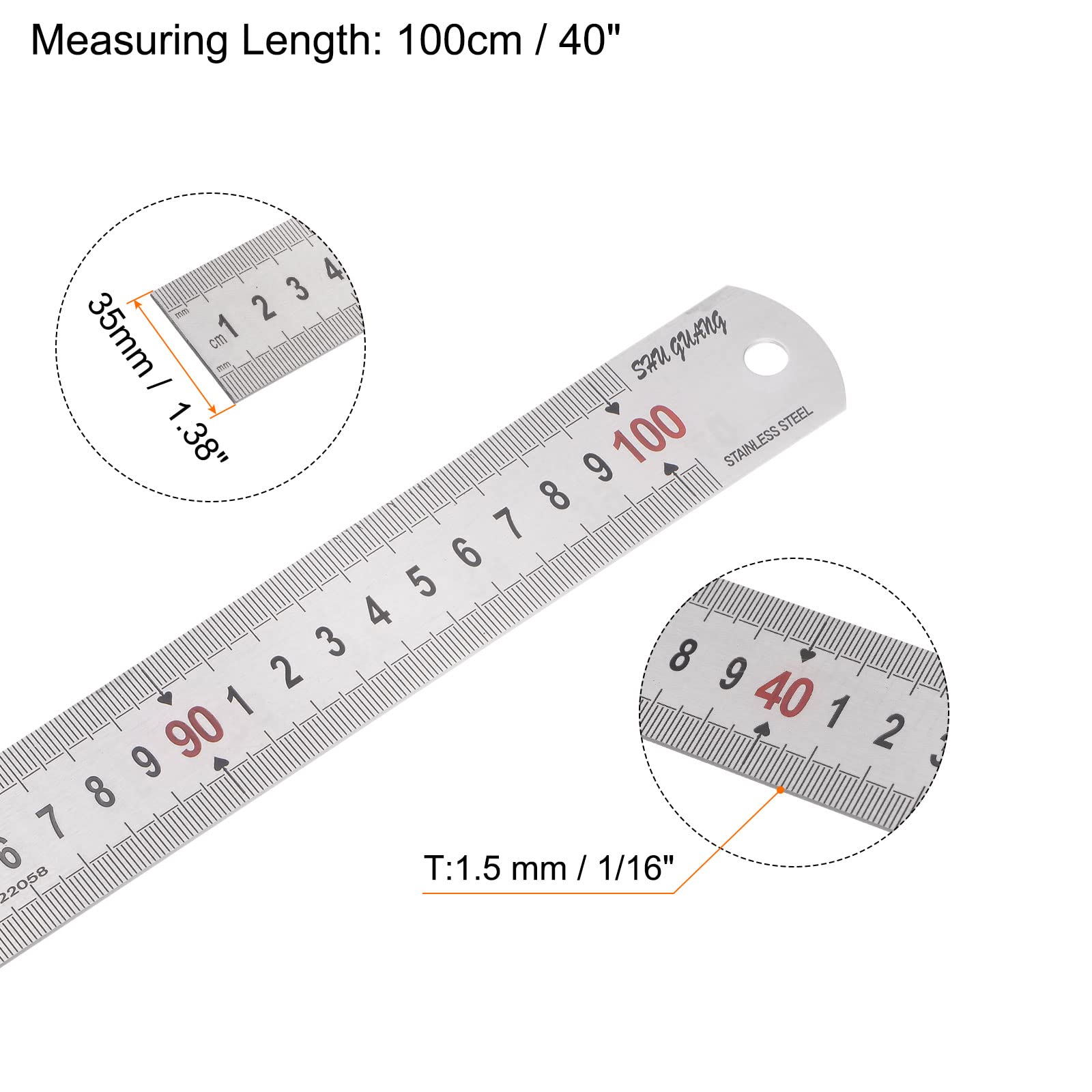 sourcing map Inox Acier Règle 39" Longueur x 1/16" Épais x 1-3/8" Large Droit Bord Mesurer Outils pour Travail Bois Peinture Artisanat, Argenté