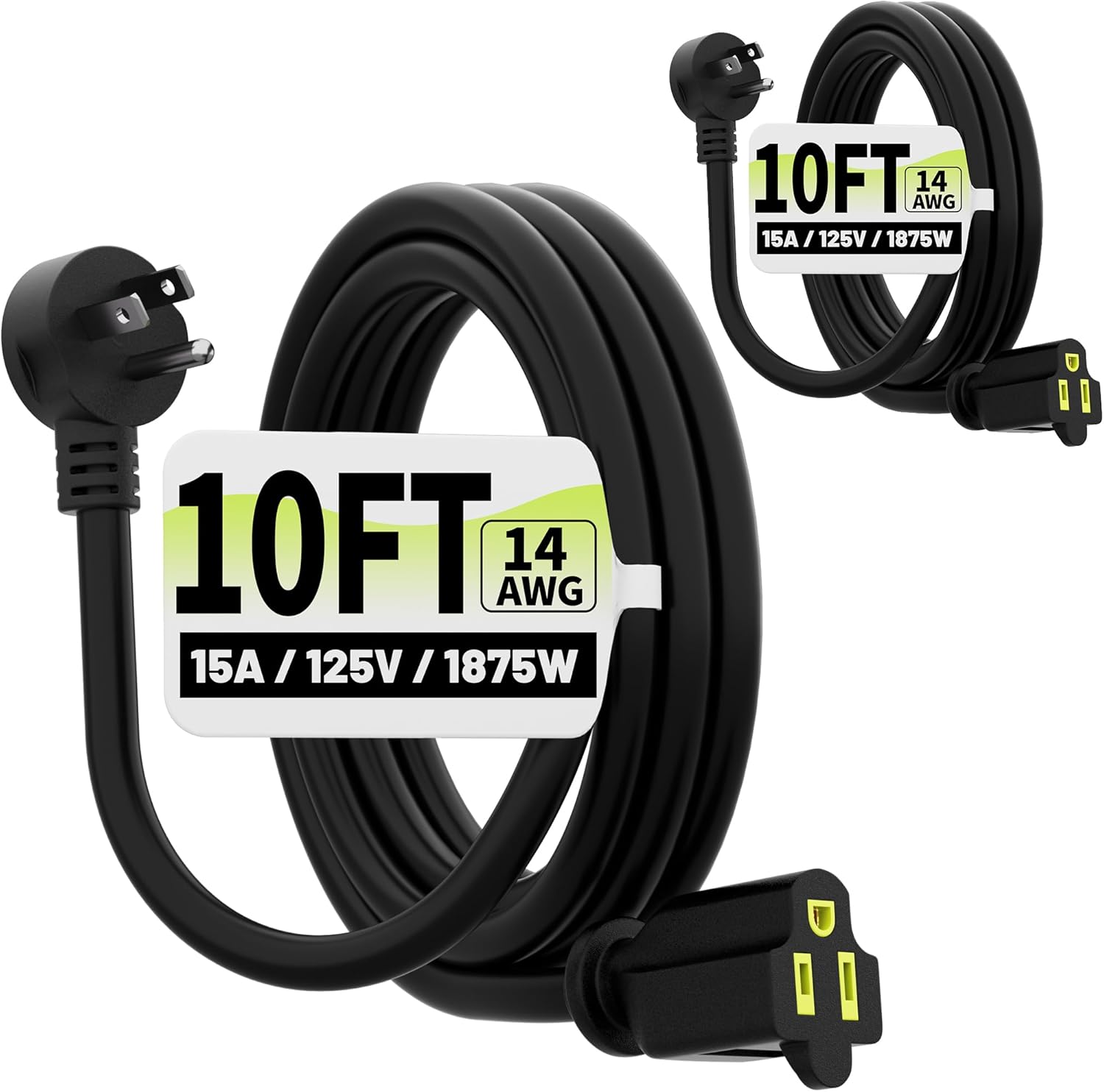 Vockjour 10 FT 2 Pack Black Low Profile Flat Plug 14 Gauge Heavy Duty Extension Cord, 14AWG 3-Wire Grounded Appliance Extension Cord, 15A/125V/1875W SJTW ETL Listed Power Cord