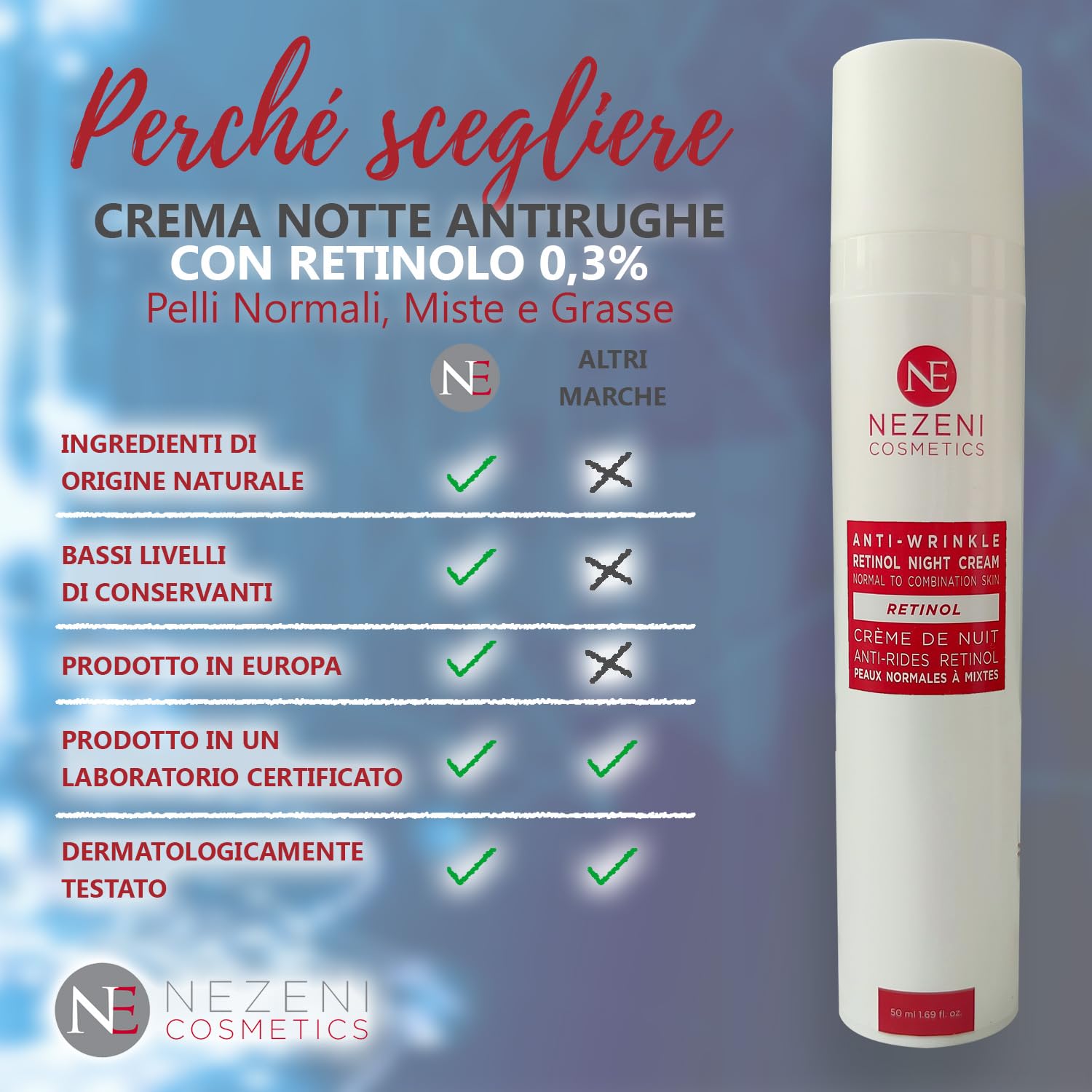 Nezeni Crema Notte 0,3% RETINOLO PURO Antirughe Donna/Uomo 27 Ativi | Riempitivo per Rughe Profonde con Acido Ialuronico | Crema Rassodante Viso, Collo e Décolleté | Pelle Normale, Grassa e Mista