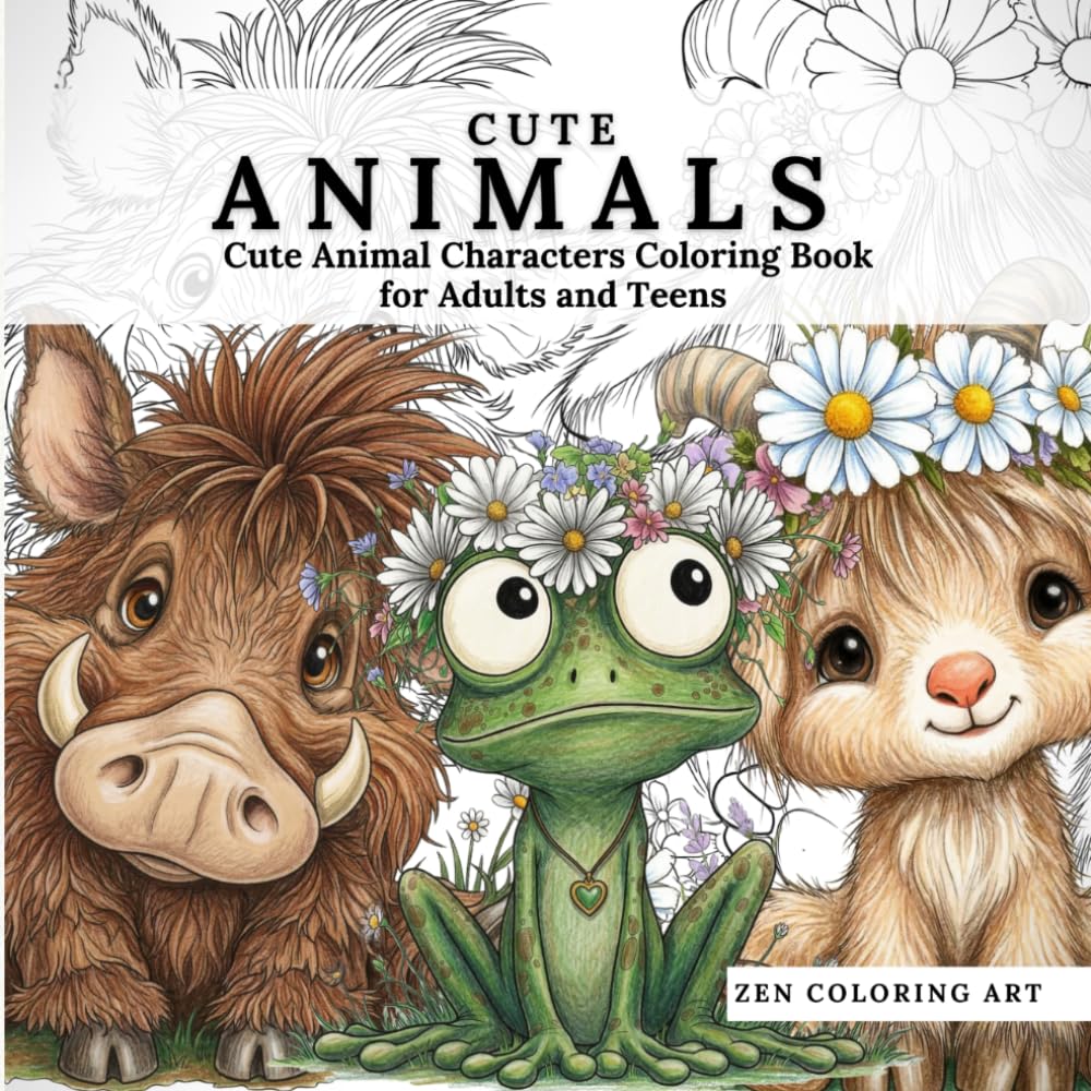 Cute animals: Cute Animal Characters Coloring Book for Adults and Teens