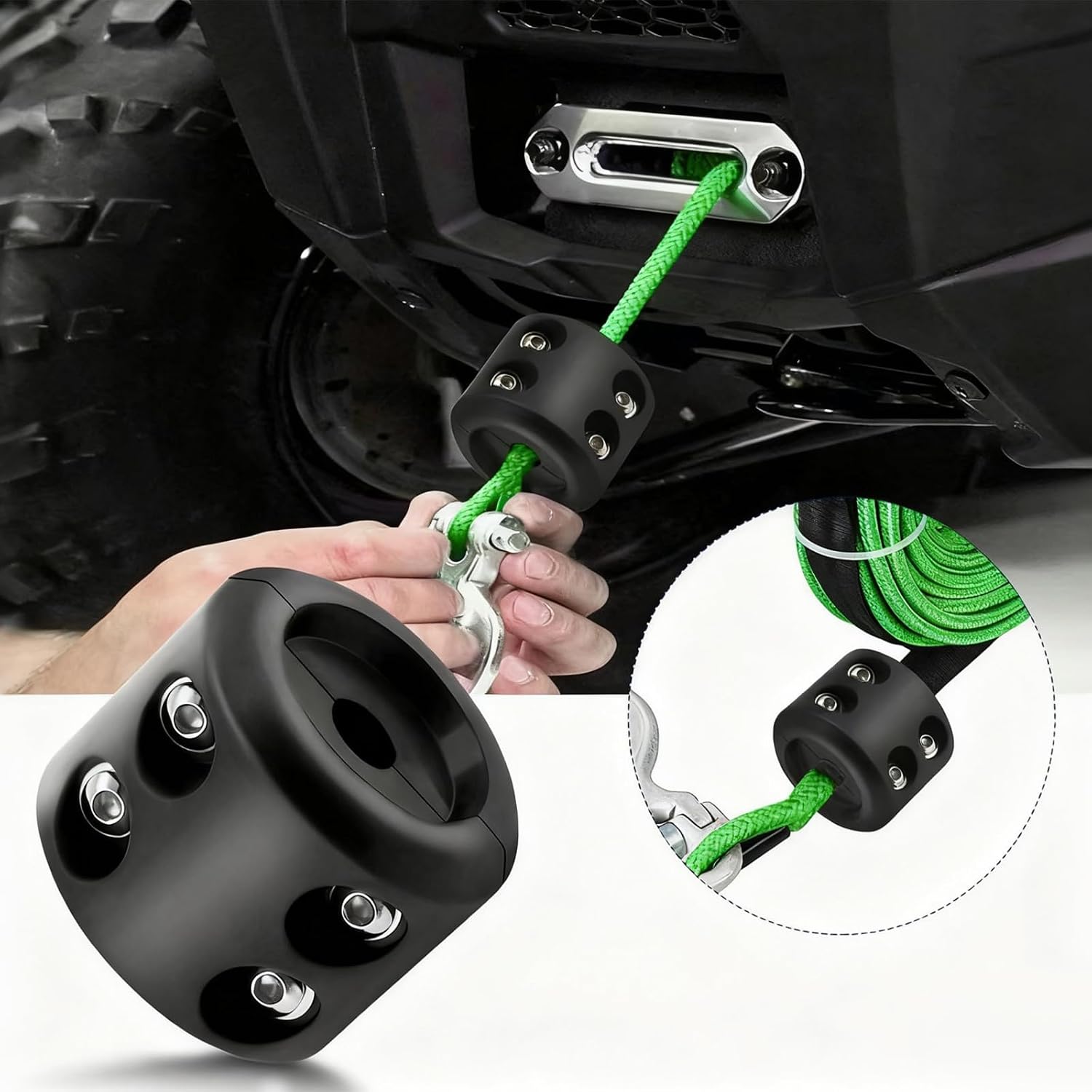Rubber Winch Hook Stopper for Synthetic Rope, Black | Winch Cable Line Saver, Stainless Steel Screws & Nuts, Allen Wrench Included, For ATV UTV SUV Winches