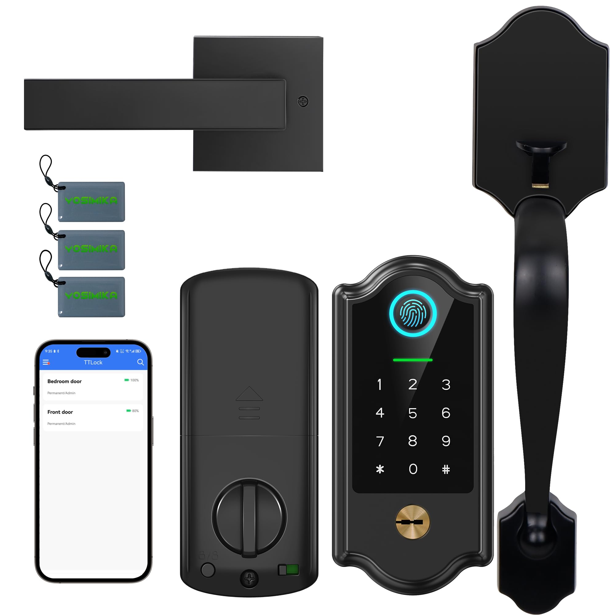 Smart Fingerprint Door Lock for Front Door – Keyless Entry Deadbolt with Handle Set, Digital Keypad, App Control, Auto Lock, Easy Install, Matte Black