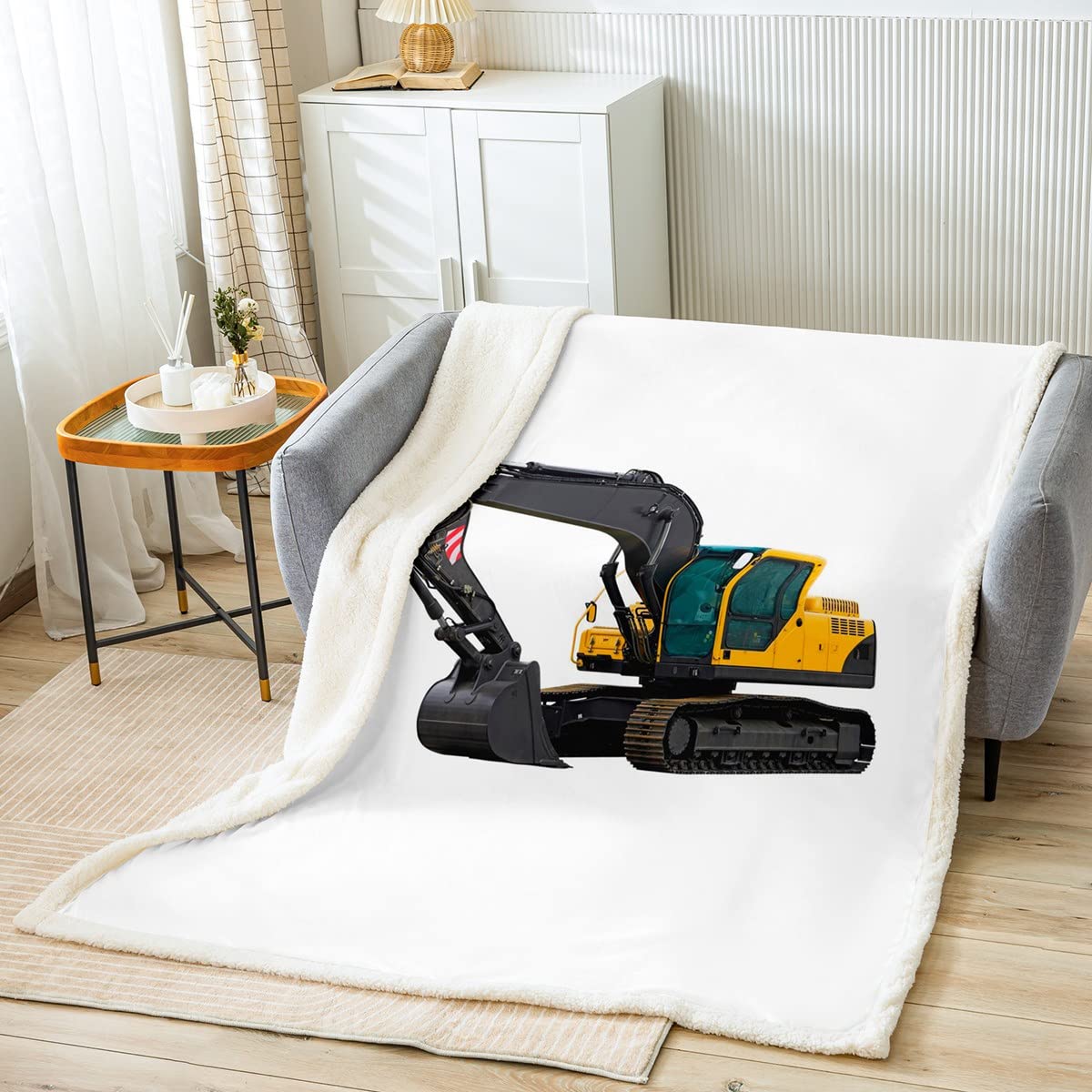 Coperta in pile per escavatore in stile Sherpa per bambini, ragazzi, ragazze, veicoli, camion, auto, peluche, coperta morbida e resistente, per divano letto, regina, 200 x 90 cm