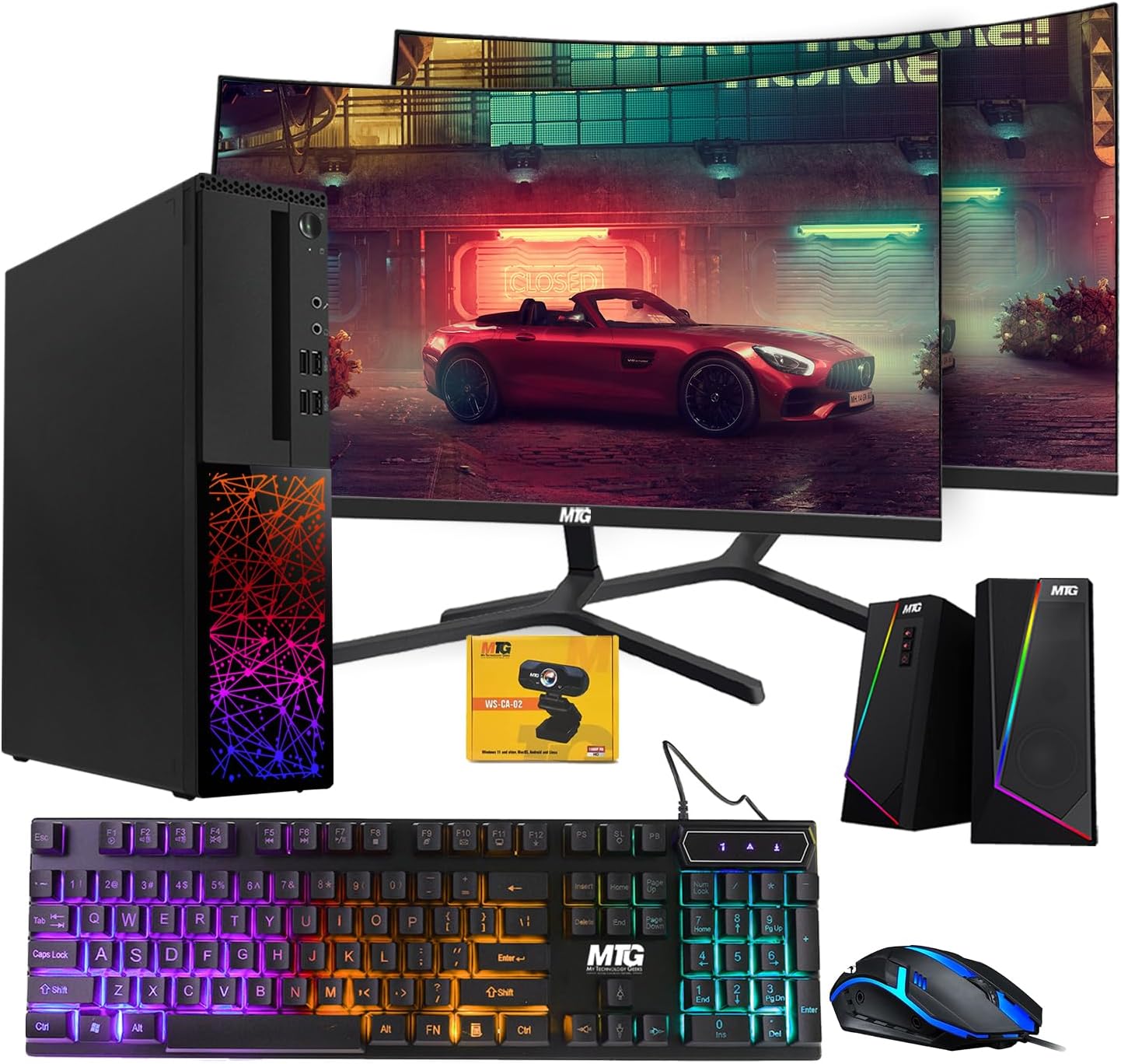 TechMagnet Gaming Desktop PC, Intel i5 6th, Galaxy, 16GB RAM, 1TB SSD, MTG New Dual 24 Inch Curved Monitor, RGB Keyboard Mouse, GT 1030, Speaker, Webcam, Windows 11 (Renewed)