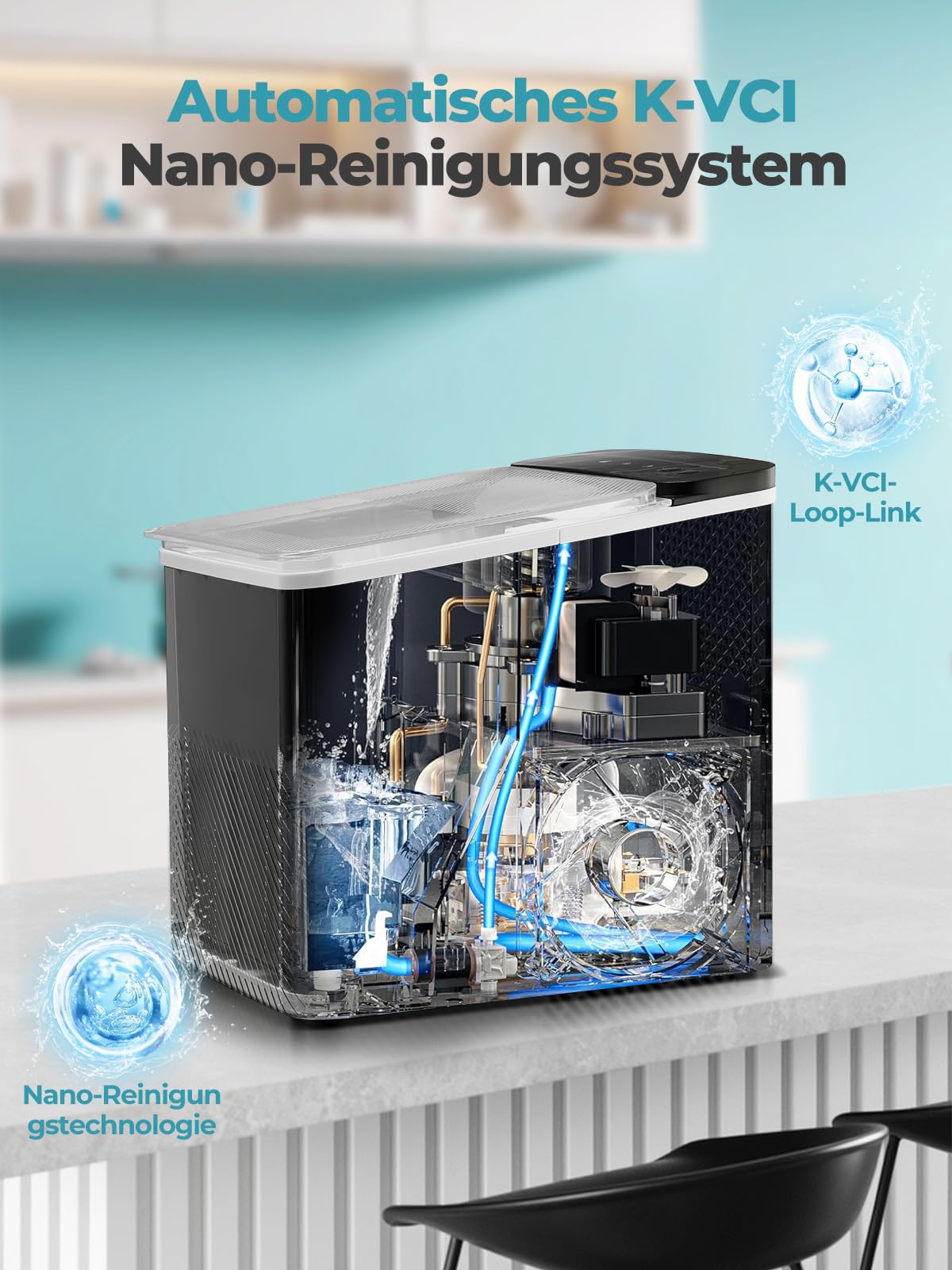 FOHERE Tragbare Eiswürfelmaschine 14 Kg/24h Selbstreinigend Kompakt Schwarz