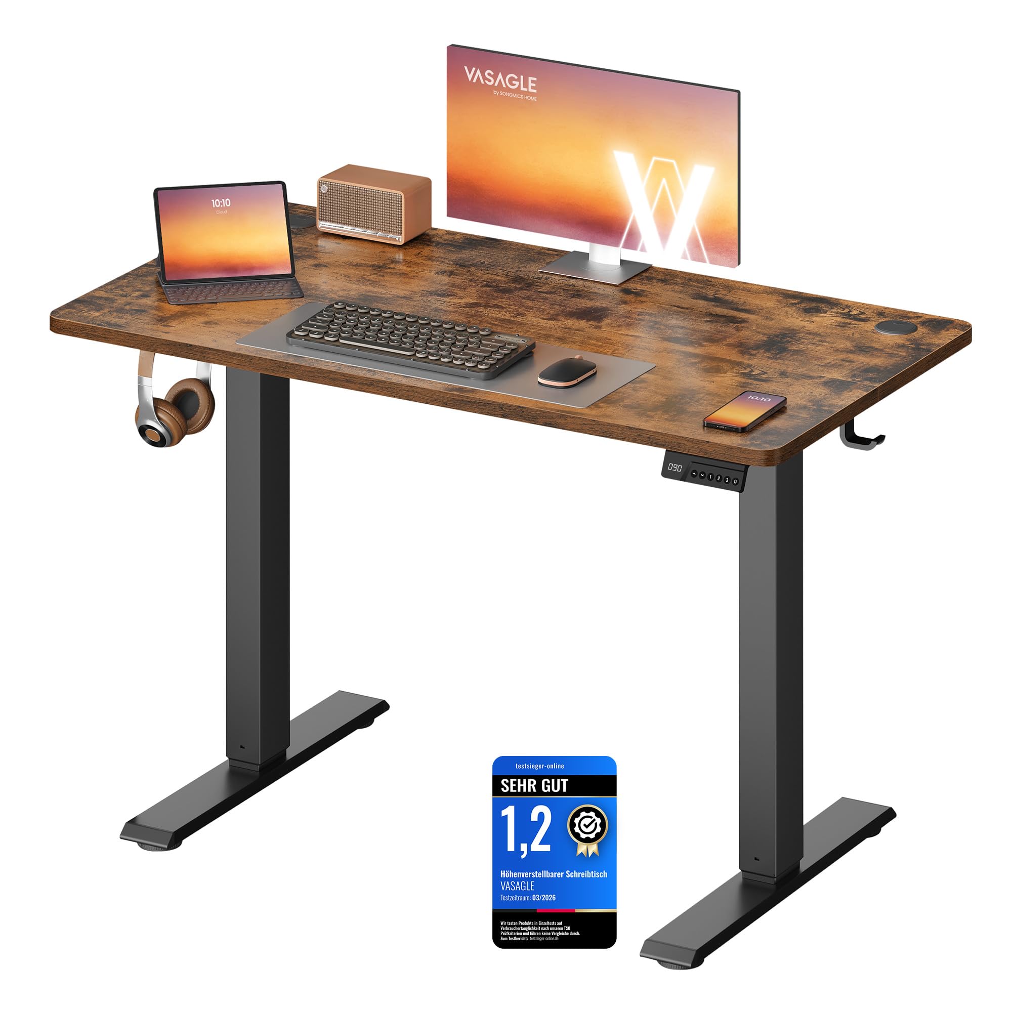 VASAGLE Höhenverstellbarer Schreibtisch, Stehtisch, Computertisch, Erinnerung bei langem Sitzen, Memory-Funktion mit 4 Höhen, für Büro, 100 x 60 cm, vintagebraun LSD310KD03