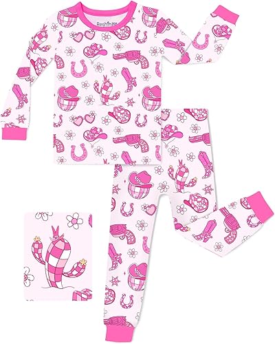 babee Reshinee Bamboo Viscose Toddler Girls Kids Pajamas Pink Pistol Pjs Long Sleeve Snug fit 4-5T 2pcs Soft Jammies