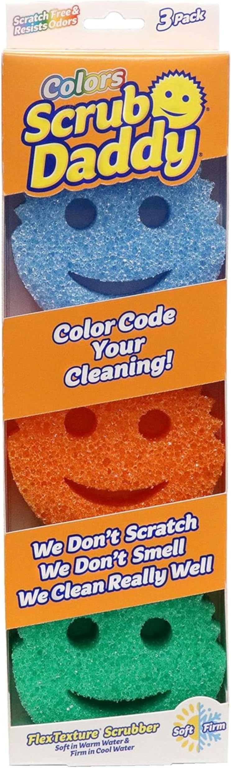 Scrub Daddy Colors Kitchen Sponges, Dish Sponges for Washing Up, Texture Changing Washing Up Sponge, Non Scratch Dish Scrubber, Odour Resistant Bathroom Cleaning Products, Dishwasher Safe, Pack of 3
