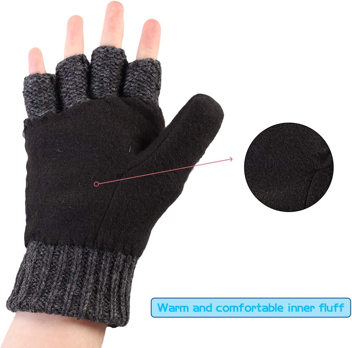 Winter Knitted Fingerless Wool Gloves Thermal Insulation Warm Convertible Mittens Flap Cover for Men Women - Image 5