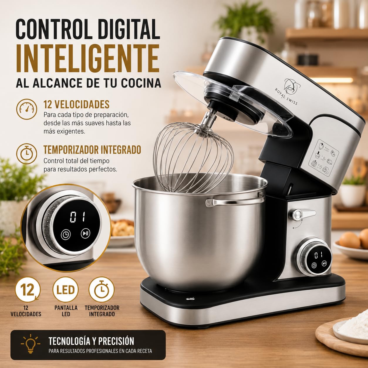 Royal Swiss SC-616DE Amasadora 16 L 2800 W, Robot de Cocina Profesional con Mezcla Planetaria, 12 Velocidades, Pantalla LED, Temporizador, Bol Inox, Gancho, Varillas, Batidor