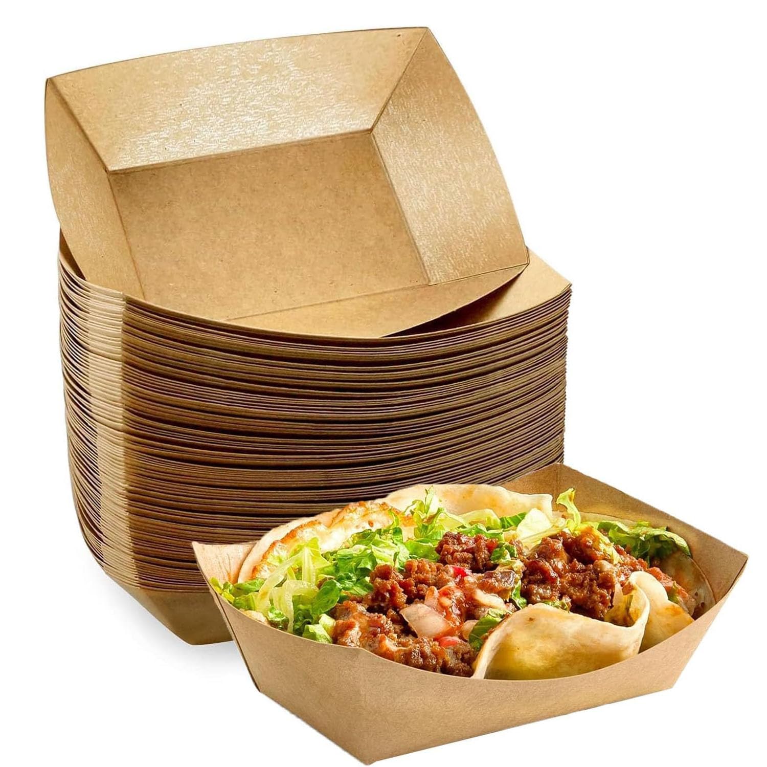 XinYangMao 50 pcs Medium Kraft Trays, Disposable Cardboard Food Containers, Kraft Brown Paper Tray, Take Out Food Serving Boats for Party Snacks Nachos Hot Dogs Tacos