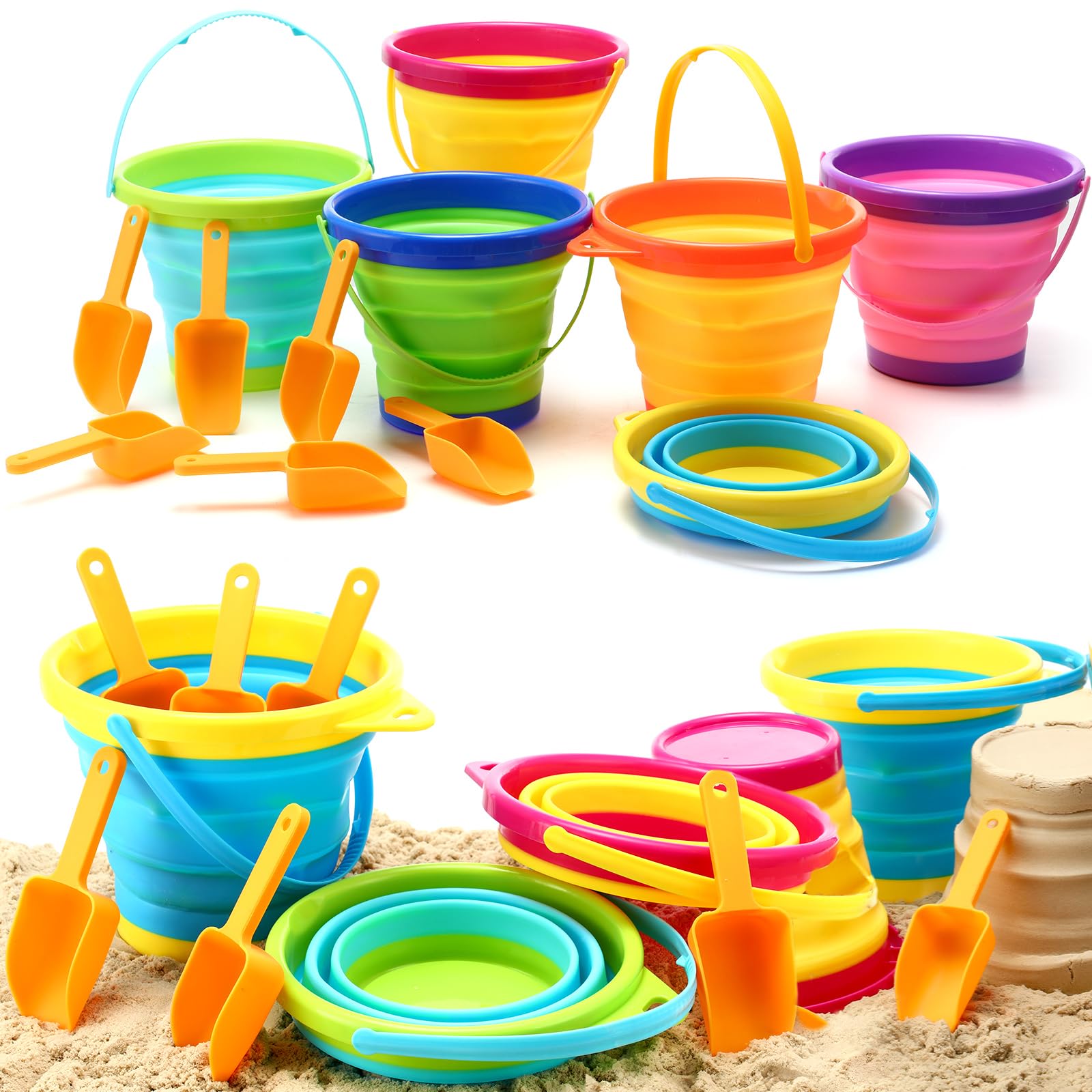 6 Pcs Summer Foldable Pail Bucket with 6 Shovels 2.5 L Collapsible Sand Bucket Foldable Silicone Beach Toys Multi Purpose Colorful Beach Bucket for Boys Girls Beach Party Outdoor Activities