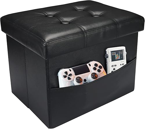 Miniatura 15 de AmasSmile Taburete plegable otomano de almacenamiento, reposapiés de cuero, taburete otomano corto, almacenamiento de reposapiés, libros (negro, 17