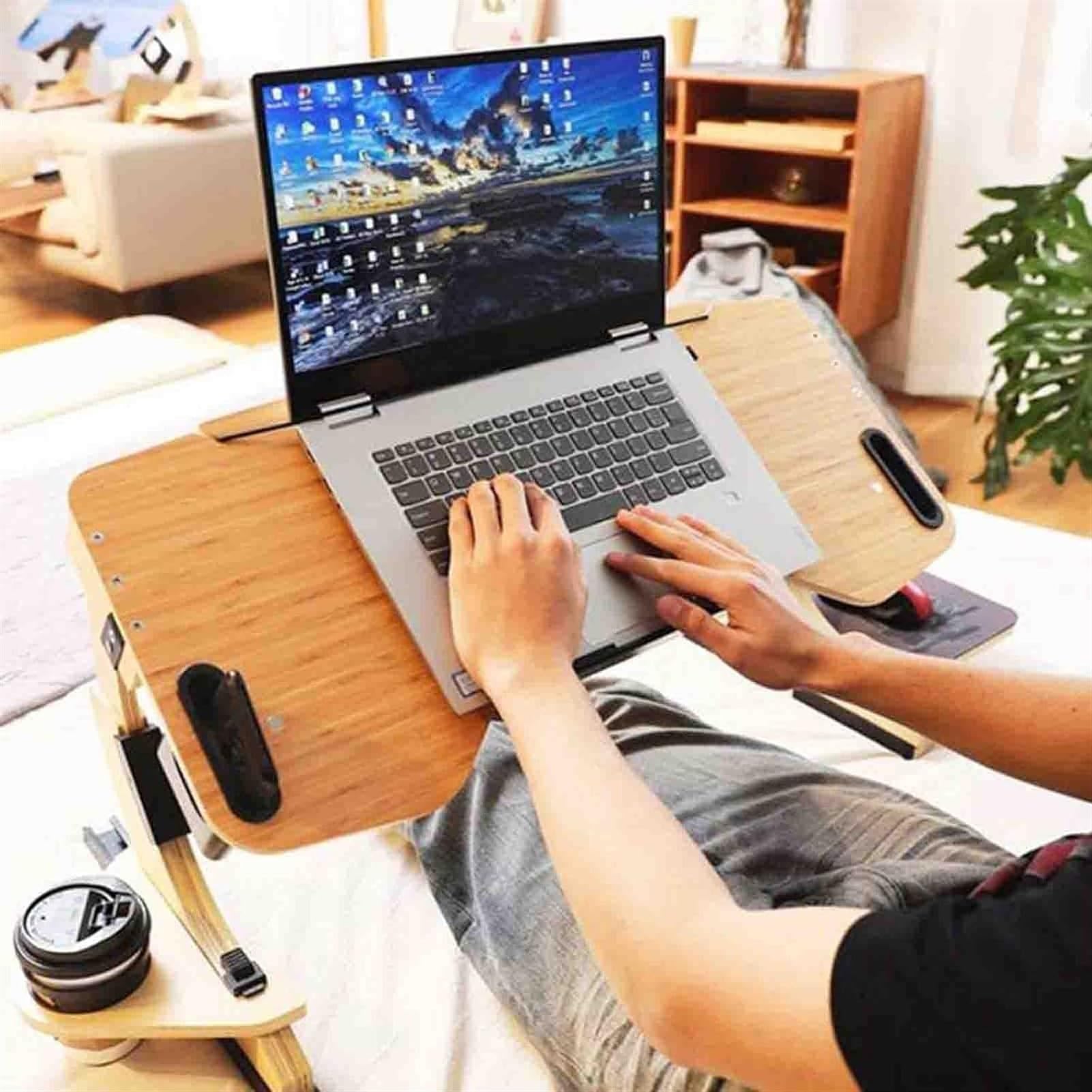 KLEAR Scrivania pieghevole per laptop con borsa extra con coulisse, tavolo regolabile per laptop con altezza e angoli, scrivania per mangiare, lavorare, scrivere, giocare, disegnare con 2 cassetti