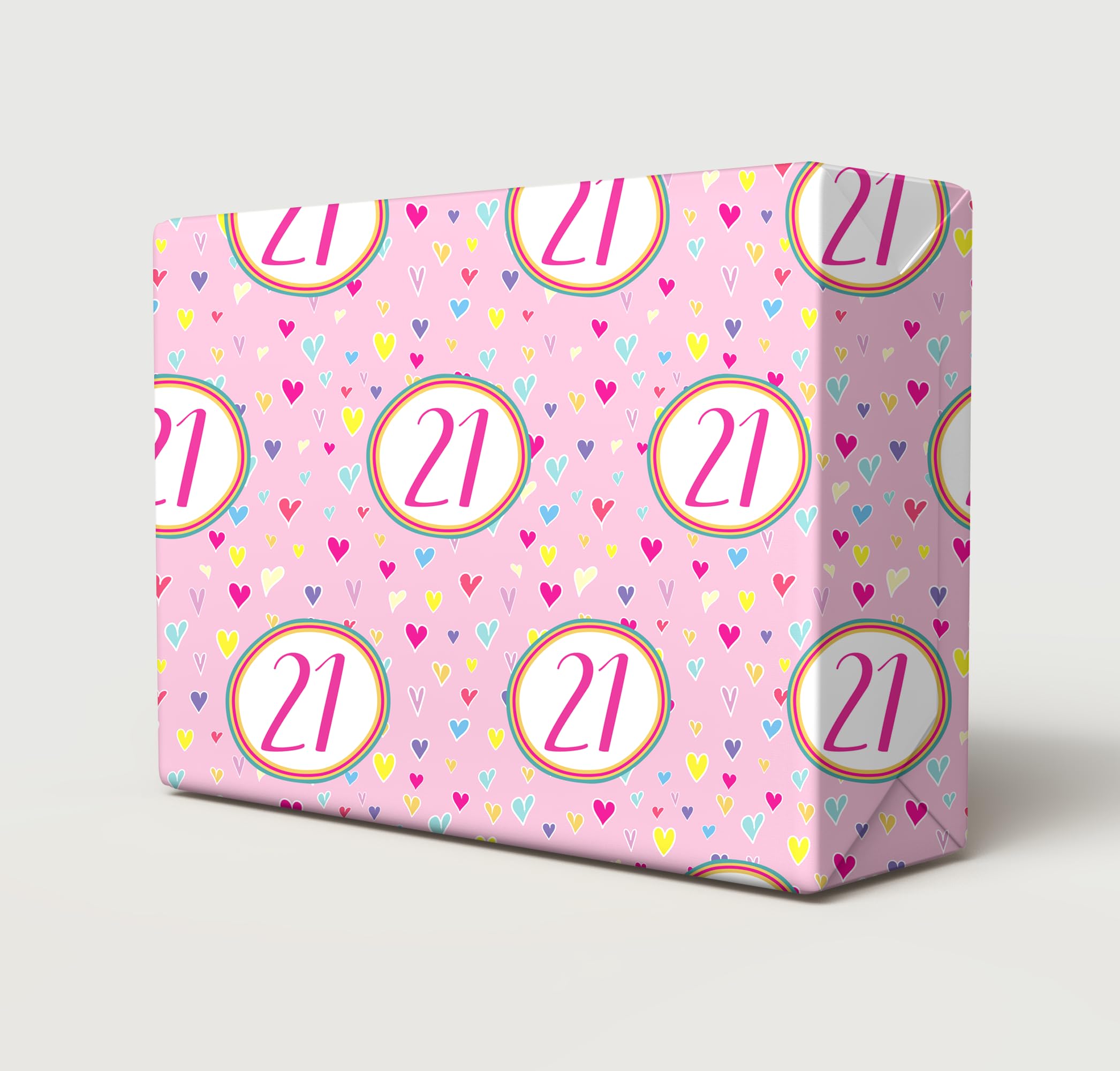 4 Sheets 4 Gift Tags 21st Birthday Multi Colour Hearts Pink Background Wrapping Paper Age 21 Girl Birthday Gift Wrap Paper Pink Female (PA)