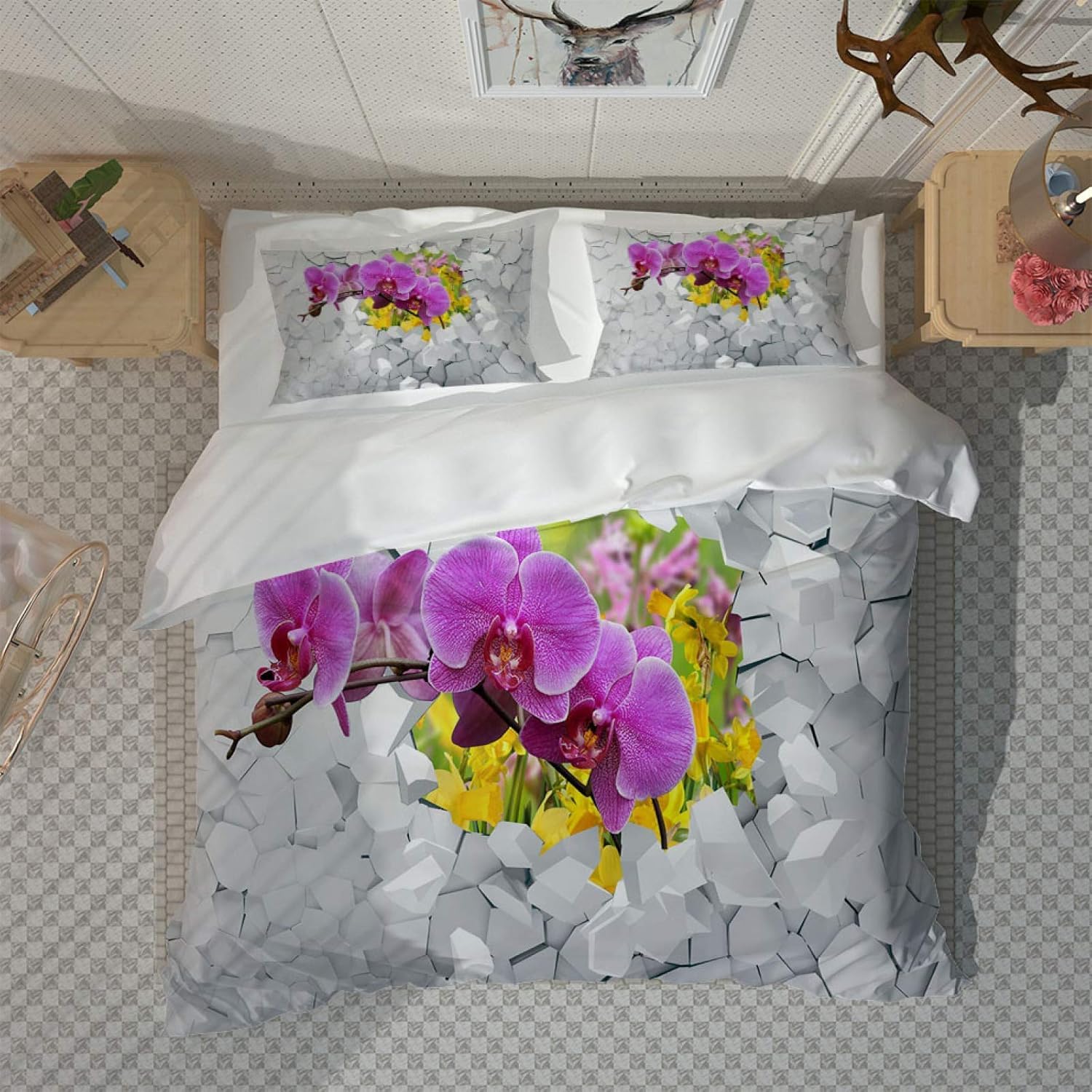 Super King zestaw poszewek na kołdrę z fioletowymi kwiatami miękka mikrofibra zestaw pościeli z nadrukiem 3D piękne kwiaty poszewka na kołdrę 260 x 220 cm z zamkiem błyskawicznym z 2 poszewkami na