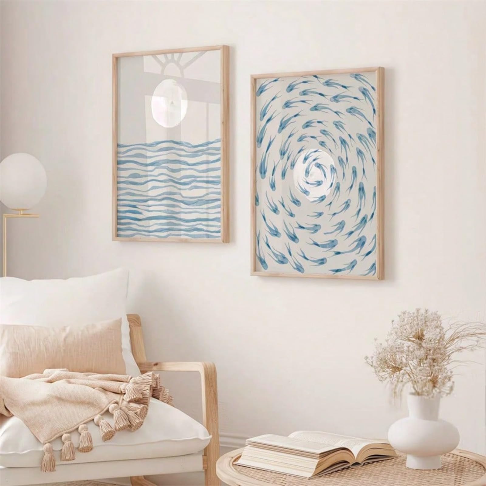 ZBELLO Set of 2 Light Blue Watercolor Coastal Wall Art Prints, Abstract Moon Wave & Swirling Fish School Posters, Neutral Japandi Beach Decor for Bedroom Entryway Bathroom, Unframed (21x30cm)