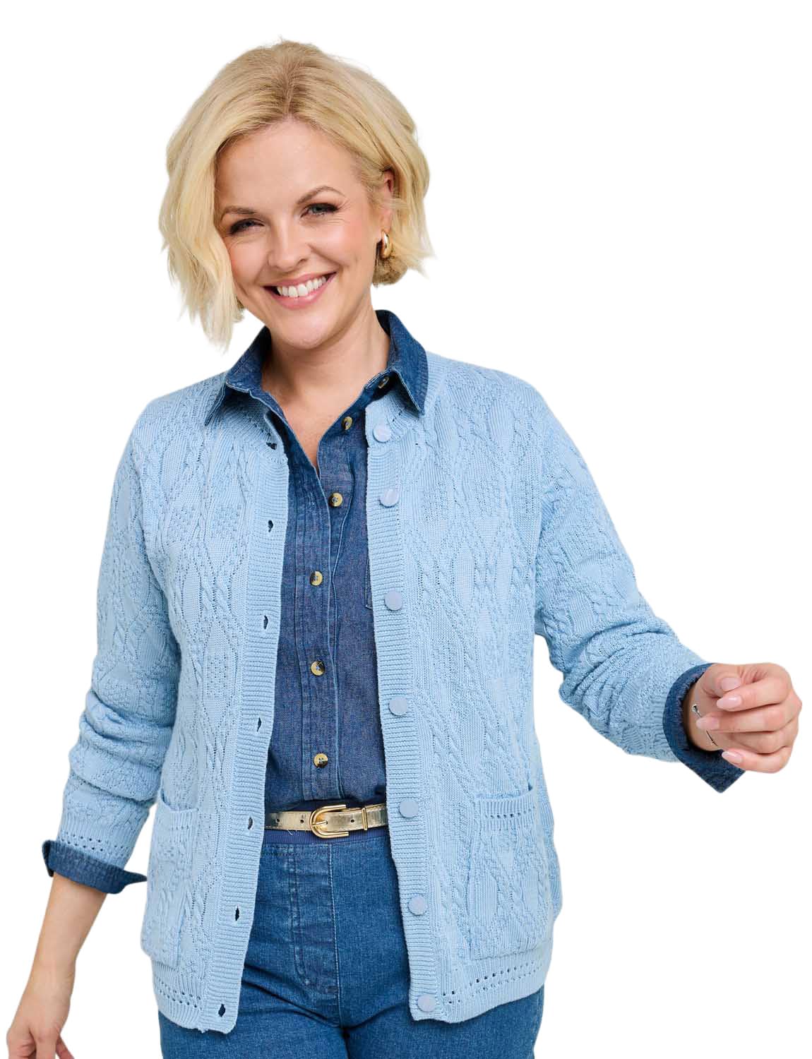 Chums Ladies Cable and Diamond Design Cardigan Knit Fabric with Patch Pockets Hydrangea 18-20