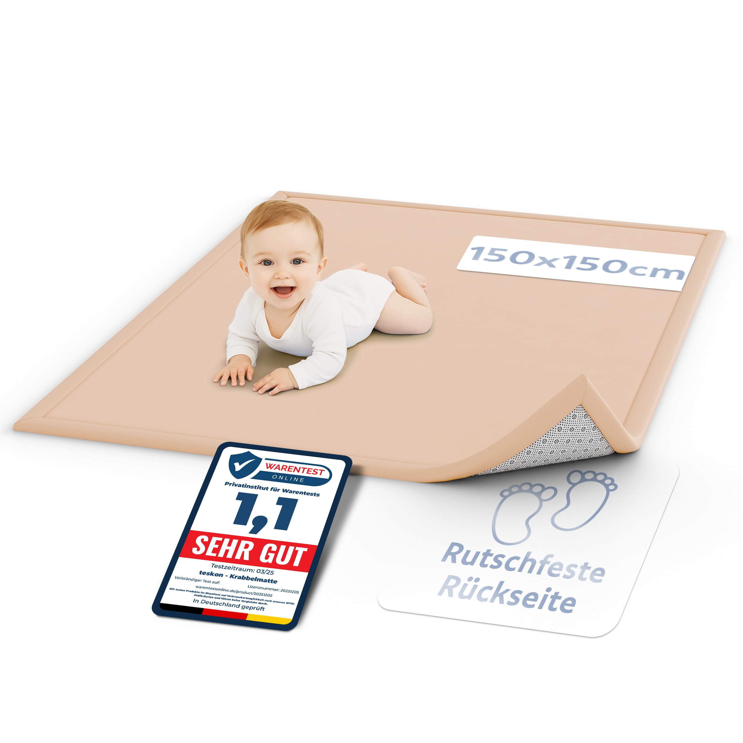 teskon Seidenweiche Krabbelmatte Baby 150x150x3cm beige Extra Dicke(3cm) Spielmatte Kinder mit Premium Memory-Schaum Rutschfester Teppich Kinderzimmer Sichere und gemütliche Krabbeldecke