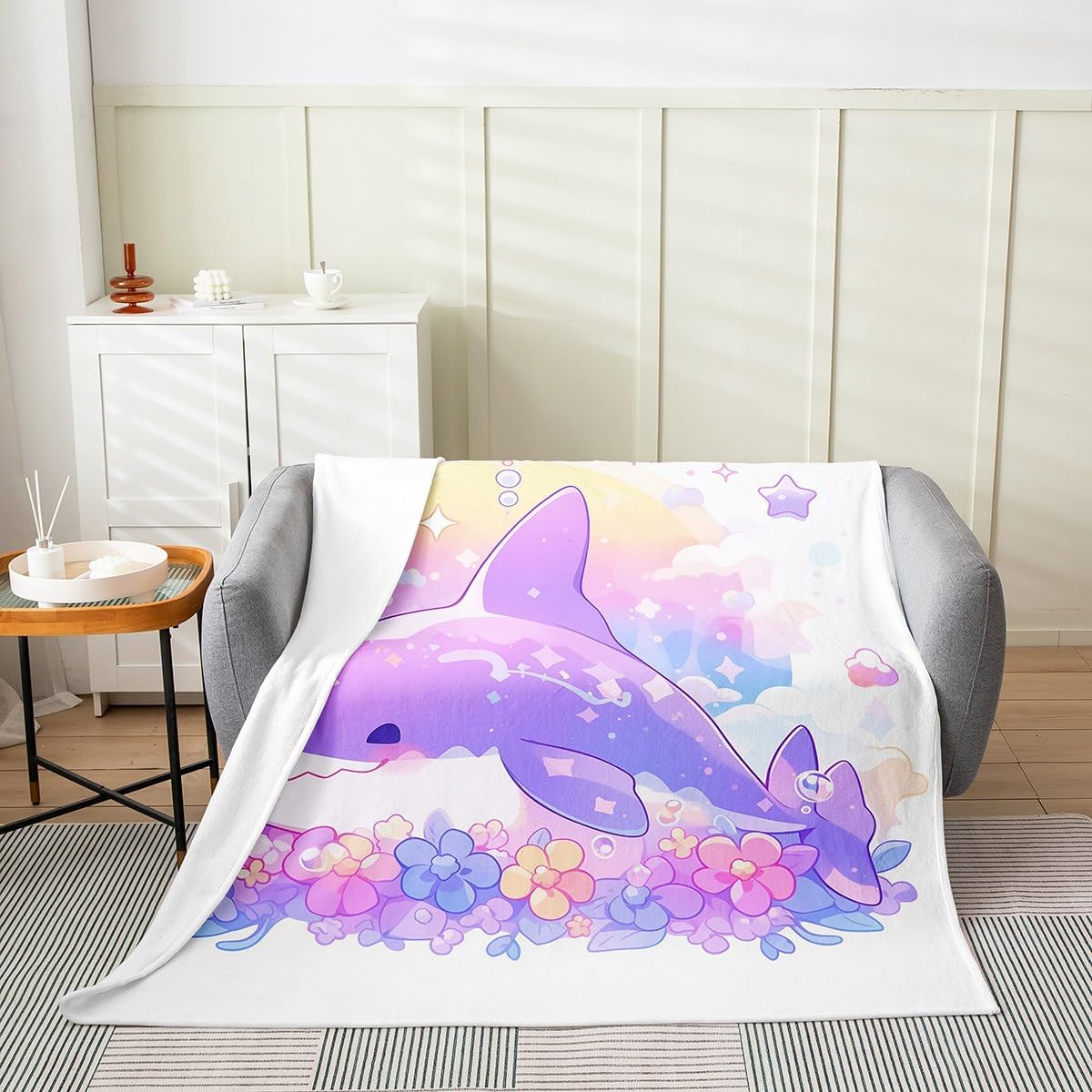 Kawaii Shark Flannel Blanket Lightweight,Watercolor Purple Shark Cartoon Flowers Leaves Fuzzy Warm Blanket for Boys Girls,Cute Starfish Bubble Dreamy Sealife Bed Sofa Couch Blankets Queen 90"x90"