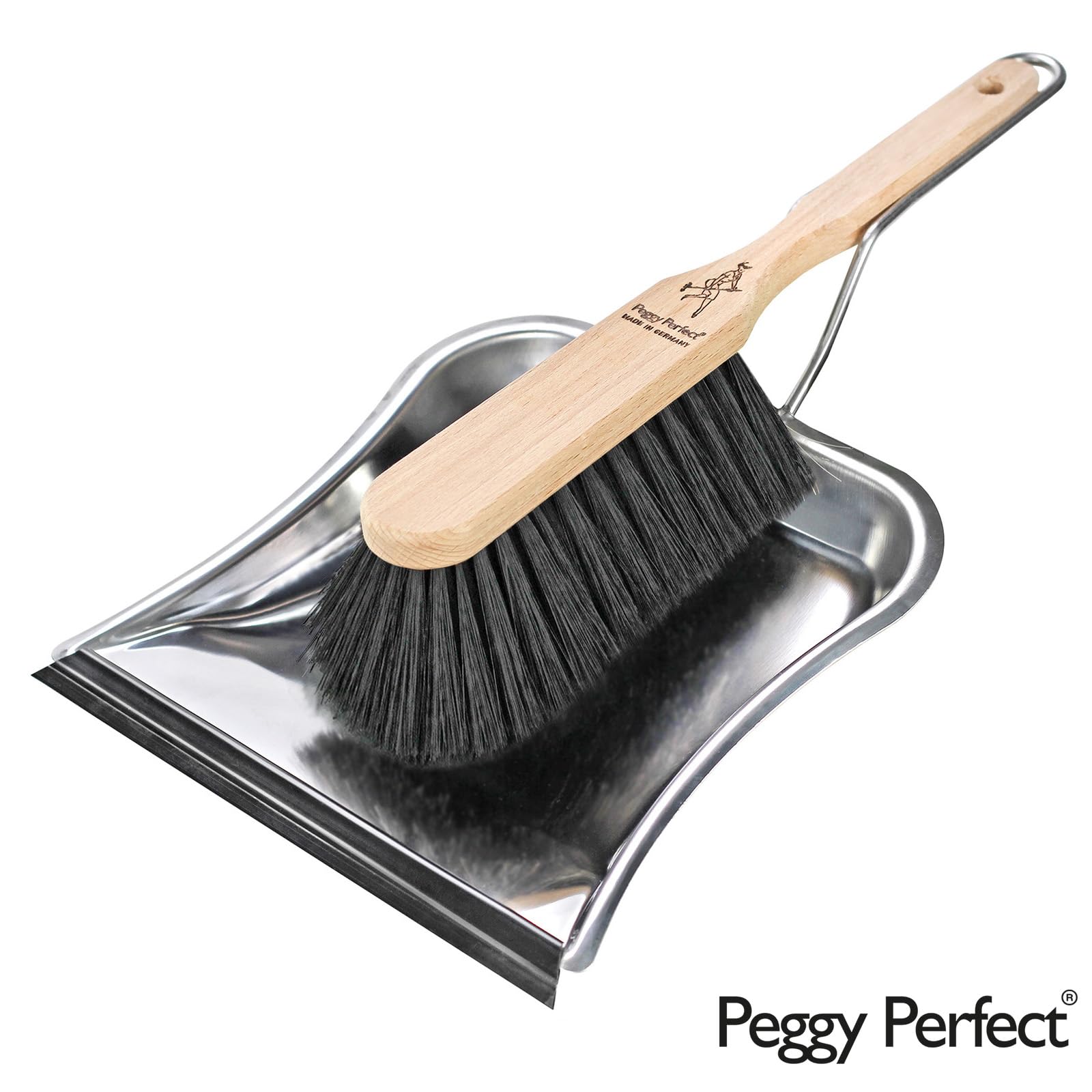 Peggy Perfect Zestaw do zamiatania premium, zestaw do zamiatania z drewna bukowego, szufelka ze stali nierdzewnej i zaostrzona gumowa warga, szczotka ręczna z gęstą mieszanką sztucznych włosów.