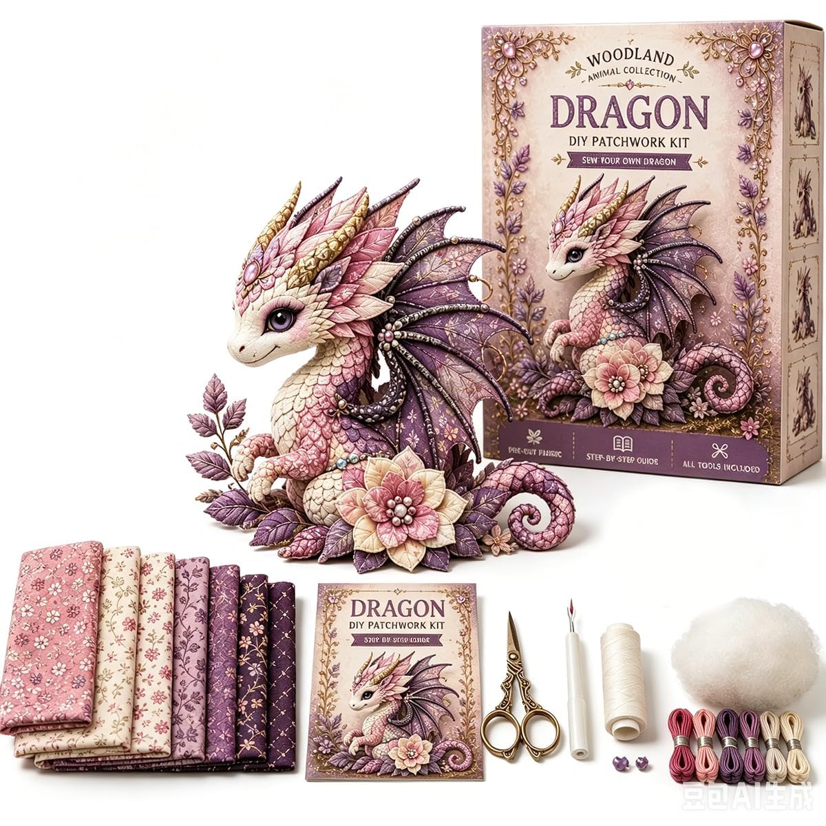 Dragon Sprite Kit de couture pour patchwork à faire soi-même, ensemble de bricolage en peluche dragon fantaisie avec tissu prédécoupé et accessoires, kit de patchwork animal pour débutants, cadeau