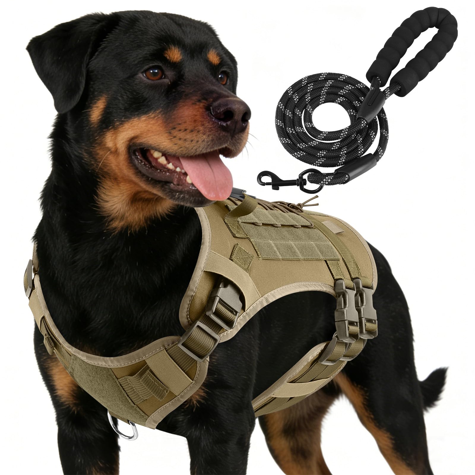 YooxArmor Heavy Duty Tactical Dog Harness and Leash Set for Large Dogs,No Pull Adjustable Pet Harness with 2 Leash Clip & Easy Control Handle for Training or Walking,L(Khaki)