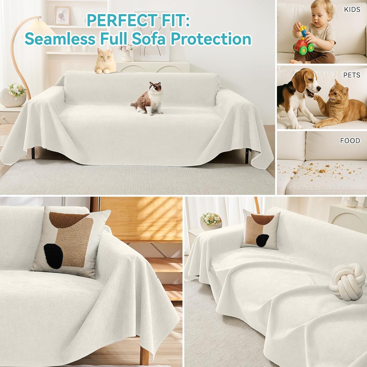 Warmstar Beige Couch Protector Waterproof Anti-Slip Anti-Scratch 3-Cushion 91"X150" Pet-Friendly Washable