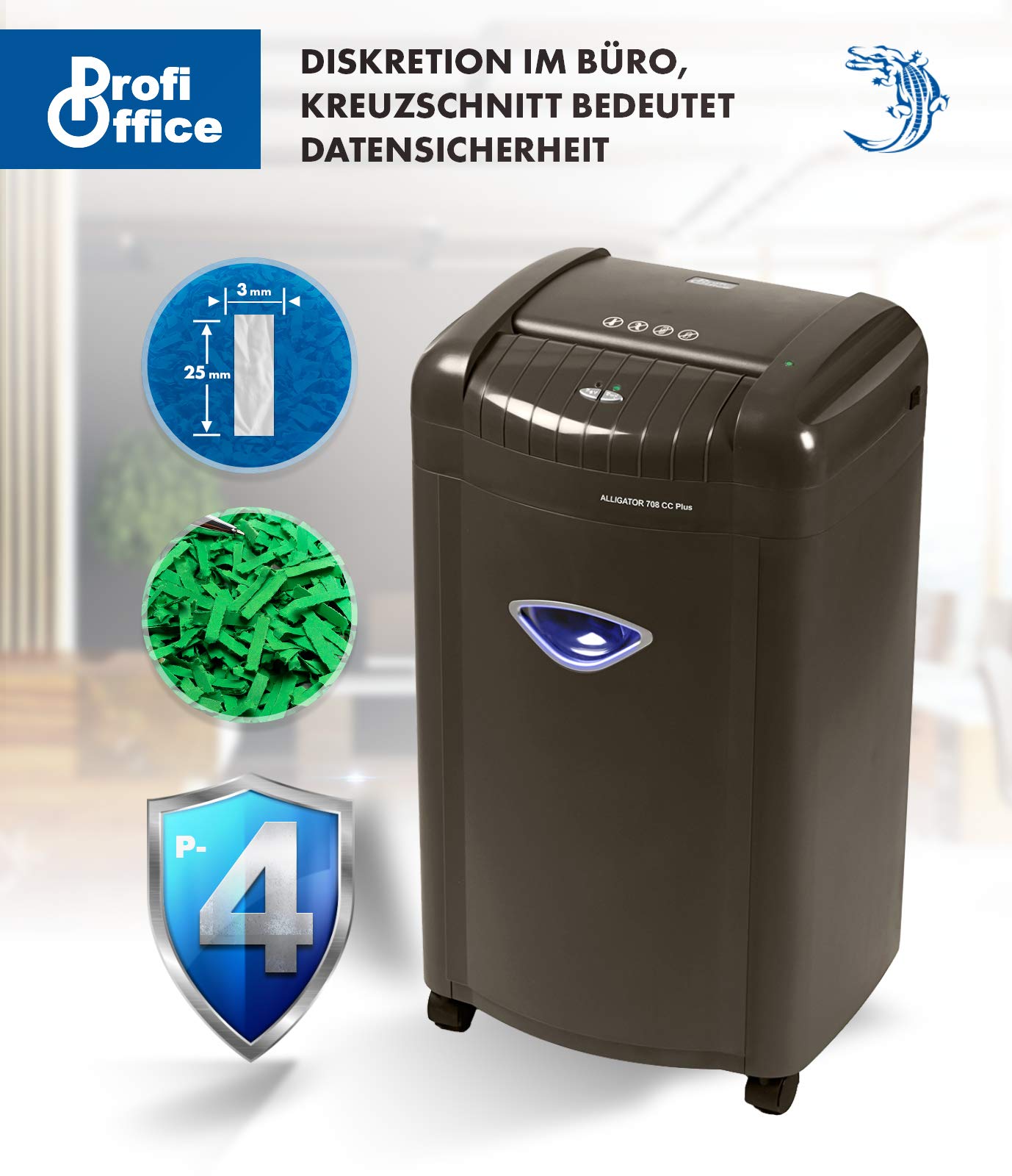 Destructora de Papel Alligator 708 CC+ – Trituradora Silenciosa Corte Cruzado P-4 | Whisper Technology | para Oficina y Hogar, Papelera 26L con Iluminación, 8 Hojas, 500W