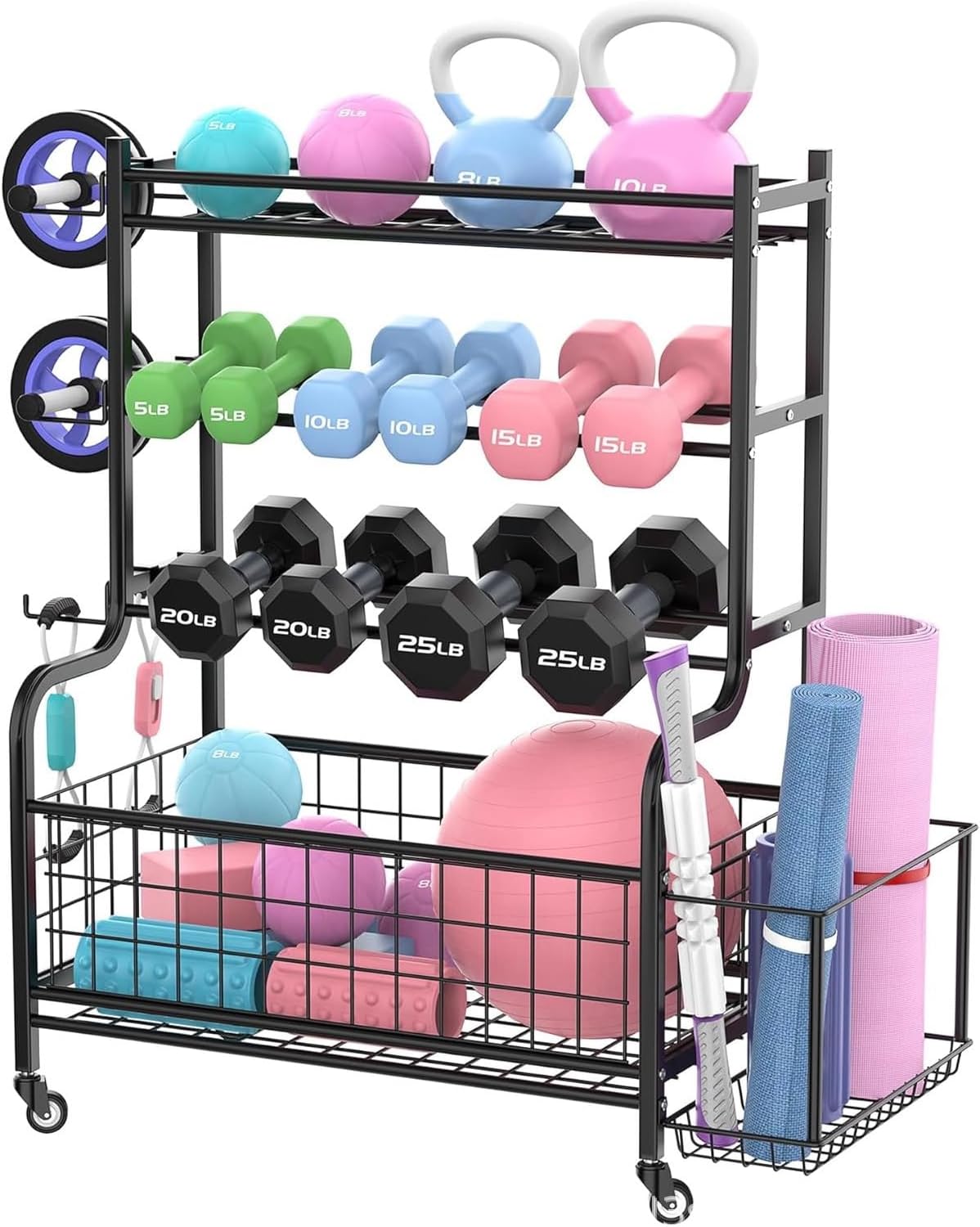 Dumbbell Rack, Weight Rack for Home Gym, Weight Stand for Dumbbells Kettlebells Yoga Mat and Balls, All in One Home Gym Storage with Universal Wheels and Hooks, Workout Storage for Yoga(Metal)