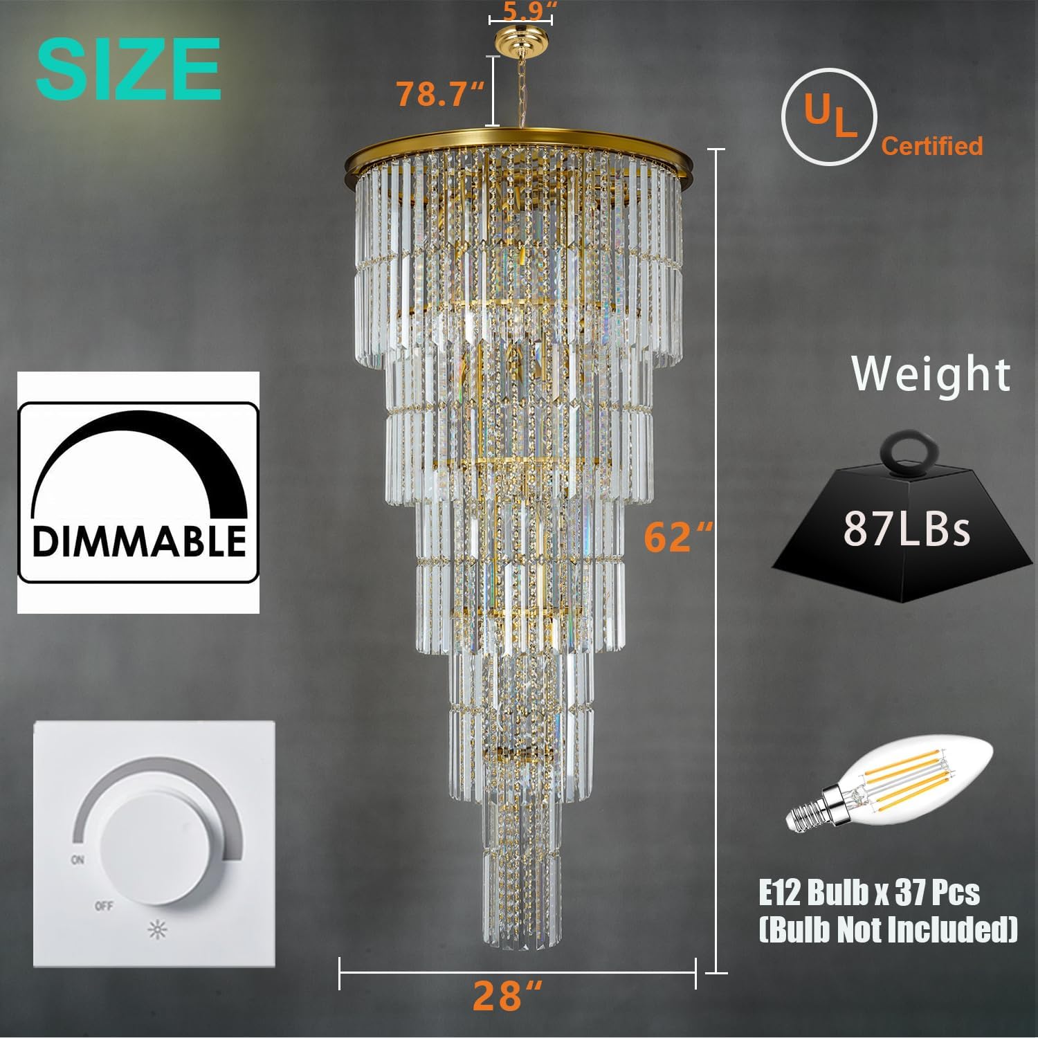 Grand Luxury Crystal Chandelier for High Ceiling Foyer, 37-Light Copper Round Statement Chandelier, 62" Tall Designer Lighting for Entryway, Villa & High-End Living Spaces