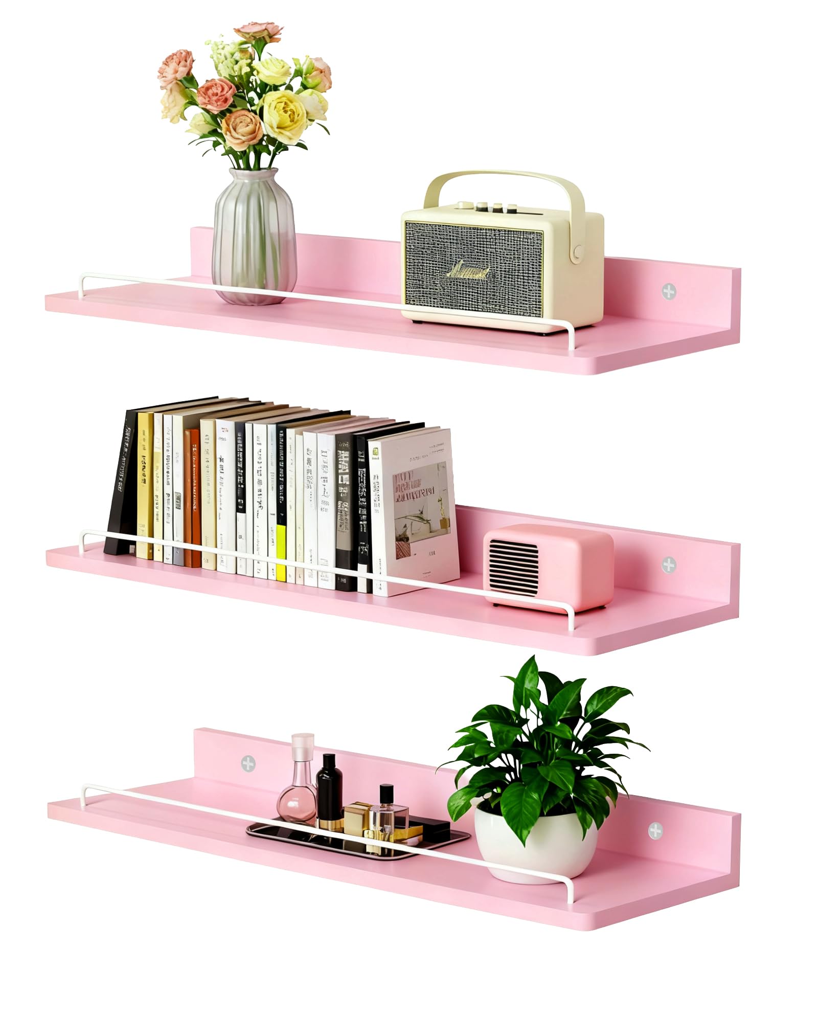 Wall Shelf, Wall Shelf, 3 Pieces, Wooden Wall Shelf for Bathroom, Bedroom, Office, Living Room, Kitchen, 40 x 14 cm (Pink) - pink