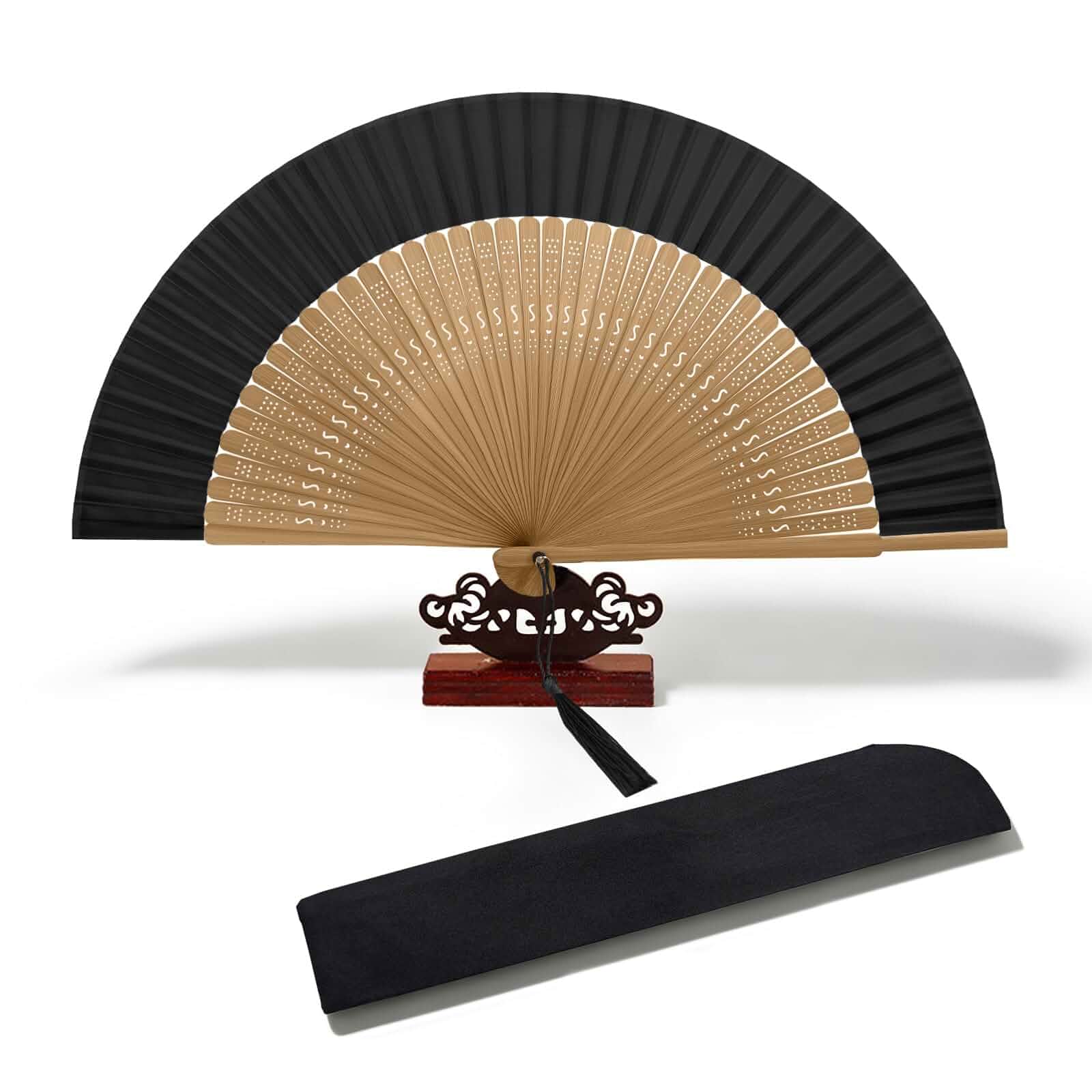 EOSAU 8.3 Inch Bamboo Hand Fan Foldable for Women, Black Lightweight & Portable, Handheld Chinese Fan, Cooling Tool for Hot Flash, Church, Party, Wedding, Dancing, Indoor and Outdoor