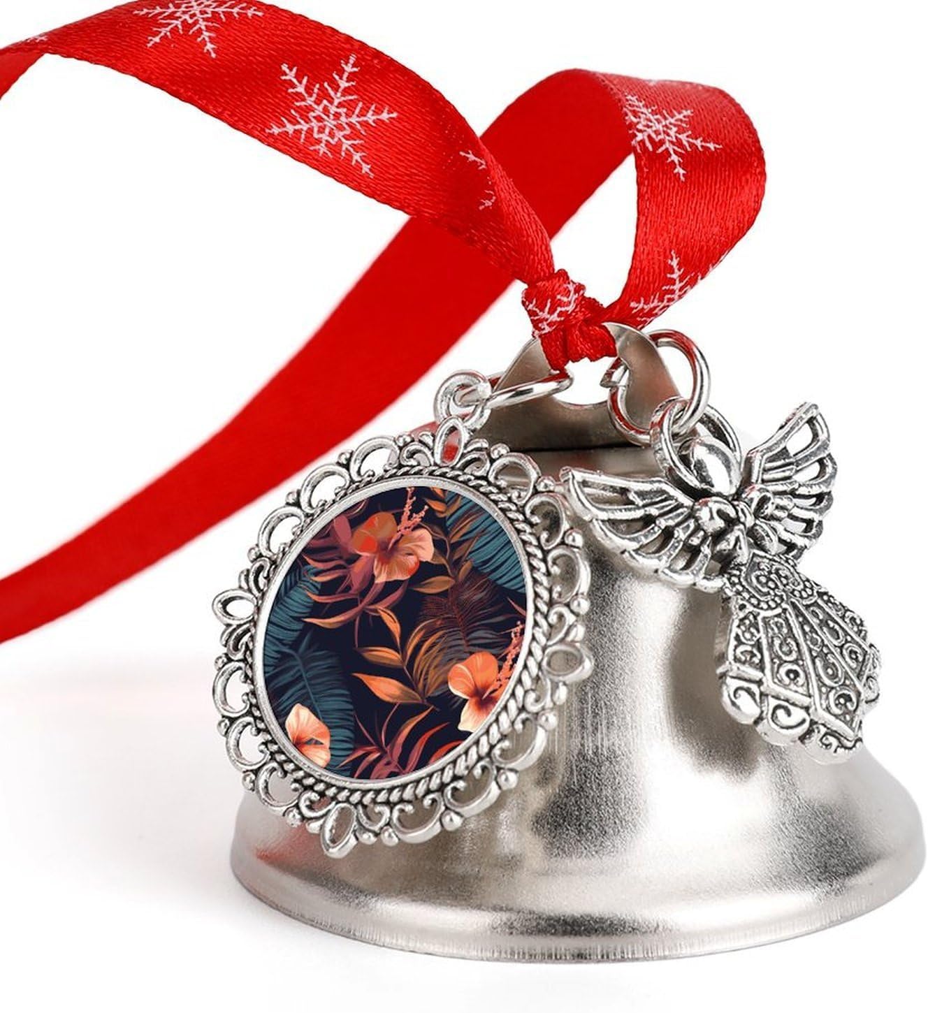 Tropical Flower Bell Ornament Red Ribbon for Christmas Tree Holiday Decoration Personality Believe Bell Ornaments Sleigh Bells for Winter New Year Party Supplies