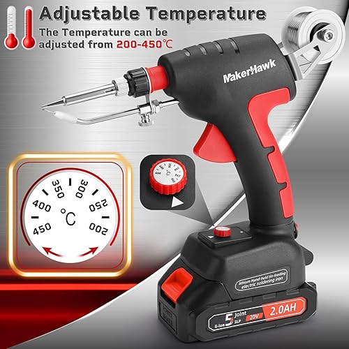 Miniatura 3 de Kit de soldadura de soldador inalámbrico, 60 W, 392.0-842.0 F, temperatura ajustable, soldador con una sola mano con batería de 20 V, pistola de