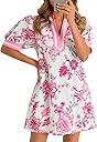 Wenrine Womens Summer Mini Dress Casual Floral Puff Sleeve V Neck Color Block Loose Boho Beach Dresses with Pockets
