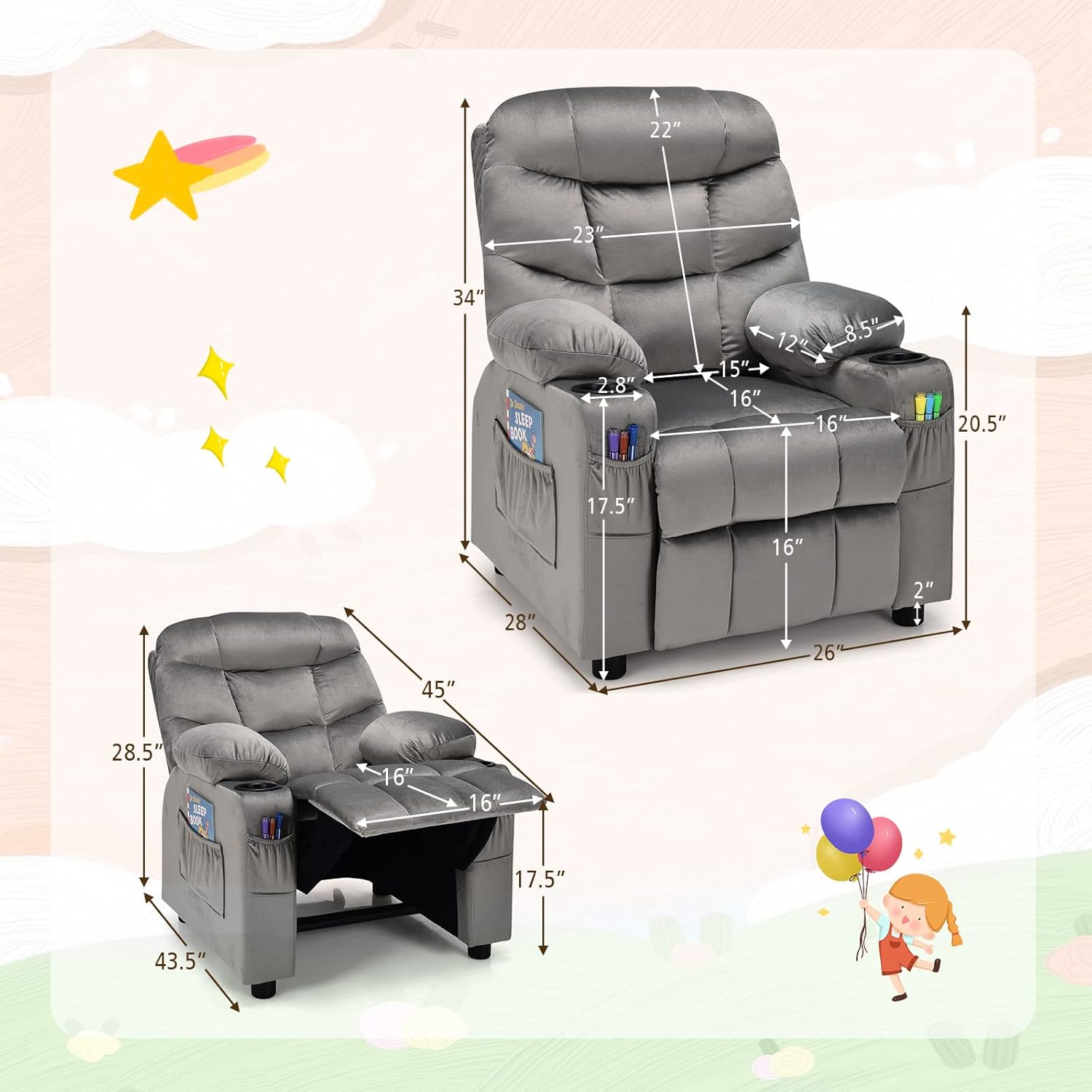 COSTWAY Larger Kids Recliner Chair, Adjustable Lounge Recliner w/ 2 Cup Holders, 1 Side Pocket, 2 Front Pockets, Footrest, Velvet Fabric Recliner for Boys & Girls, Ideal for Bedroom (Grey)