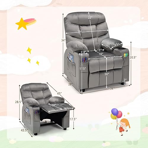 Miniatura 3 de COSTWAY Silla Reclinable Más Grande para Niños, Sillón Reclinable de Descanso Ajustable con 2 Portavasos, 1 Bolsillo Lateral, 2 Bolsillos