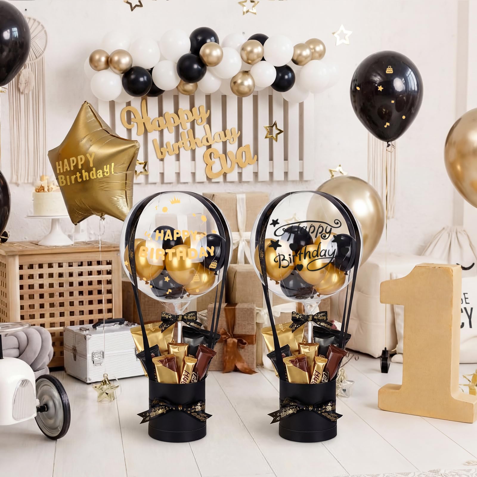 Gemscream Kit de caja de regalo de globos de aire caliente de cumpleaños con globos Bobo de 20 pulgadas, cadena de luces LED, cintas y arcilla floral para mujeres, hombres, amigos, novia, esposa