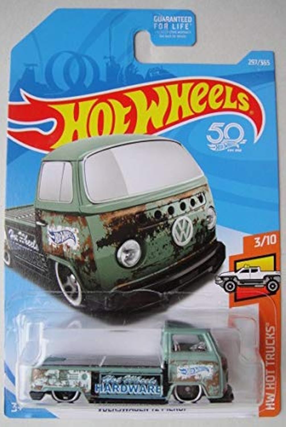 Hot Wheels HOT Trucks 3/10, Blue Volkswagen T2 Pickup 297/365 50TH Anniversary Card
