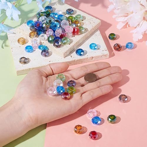 Miniatura 4 de 100 cuentas europeas facetadas de vidrio, color mixto, transparente, Rondelle, gran agujero, cuentas sueltas sin núcleo de metal, 0.551 x 0.315 in