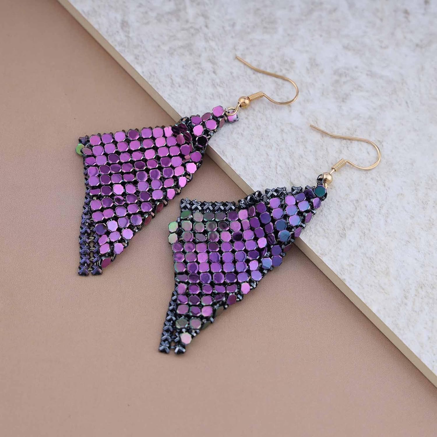 Vintage Metal Mesh Earrings Grid Sequins Dangle Earrings Lightweight Mesh Hook Earrings Purple Long Tassel Sequins Drop Earrings for Women - Image 6