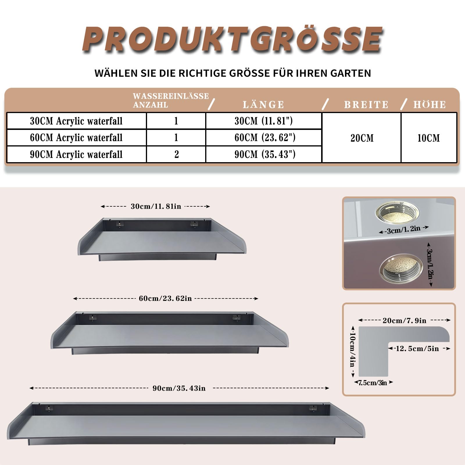 Kit de hojas de cascada para estanque, fuente de piscina acrílica de 30 cm con tapa y accesorios, ancho de 20 cm, cascada de cascada para jardín, patio, decoración de estanque