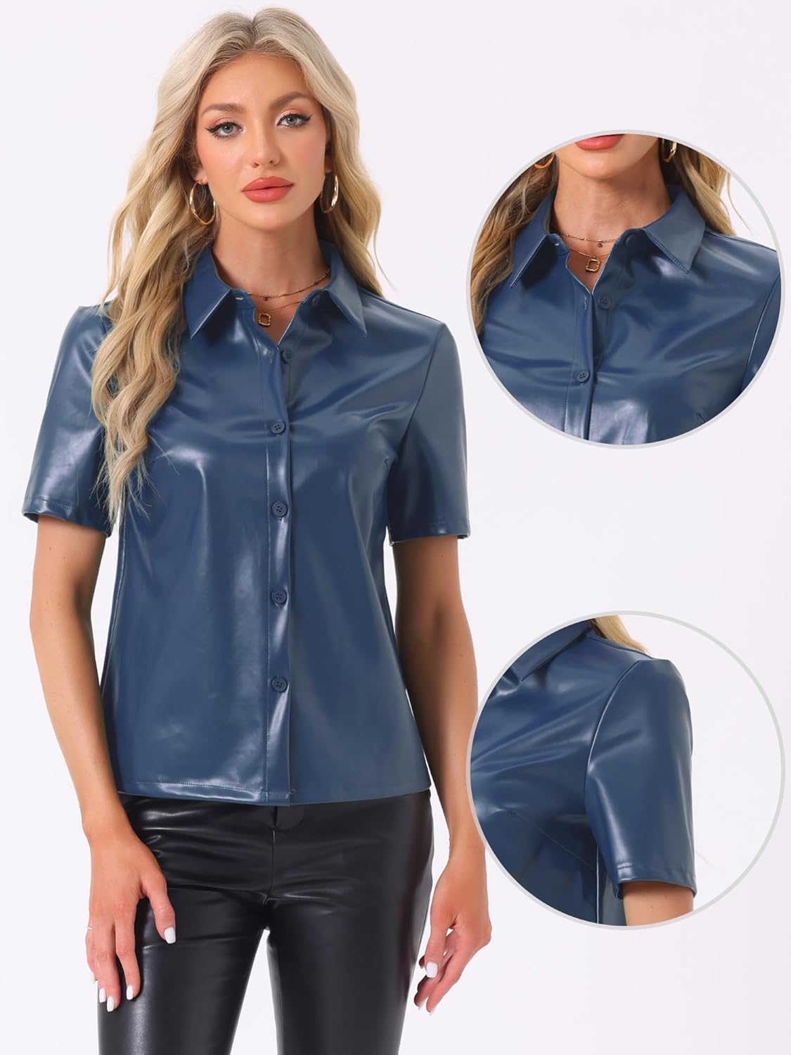 Allegra K PU Leather Button Down Shirt for Women's Short Sleeve Collar Blouse Jacket Party Club Top - Image 2