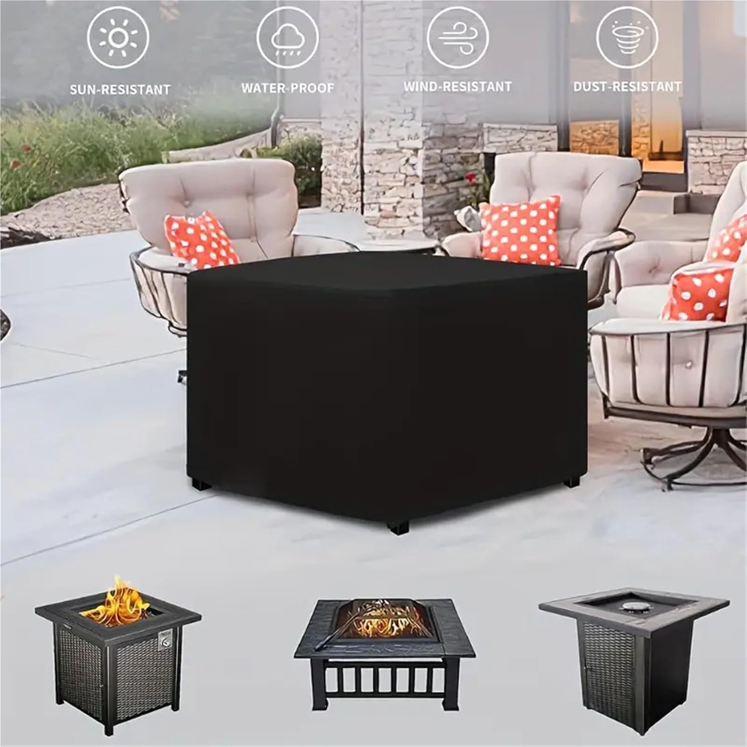 Sturdy 1pc Waterproof Square Fire Pit Cover with Drawstring Closure Durable 210T Polyester For Outdoor BBQs, Camping & Picnics(135x135x75cm)